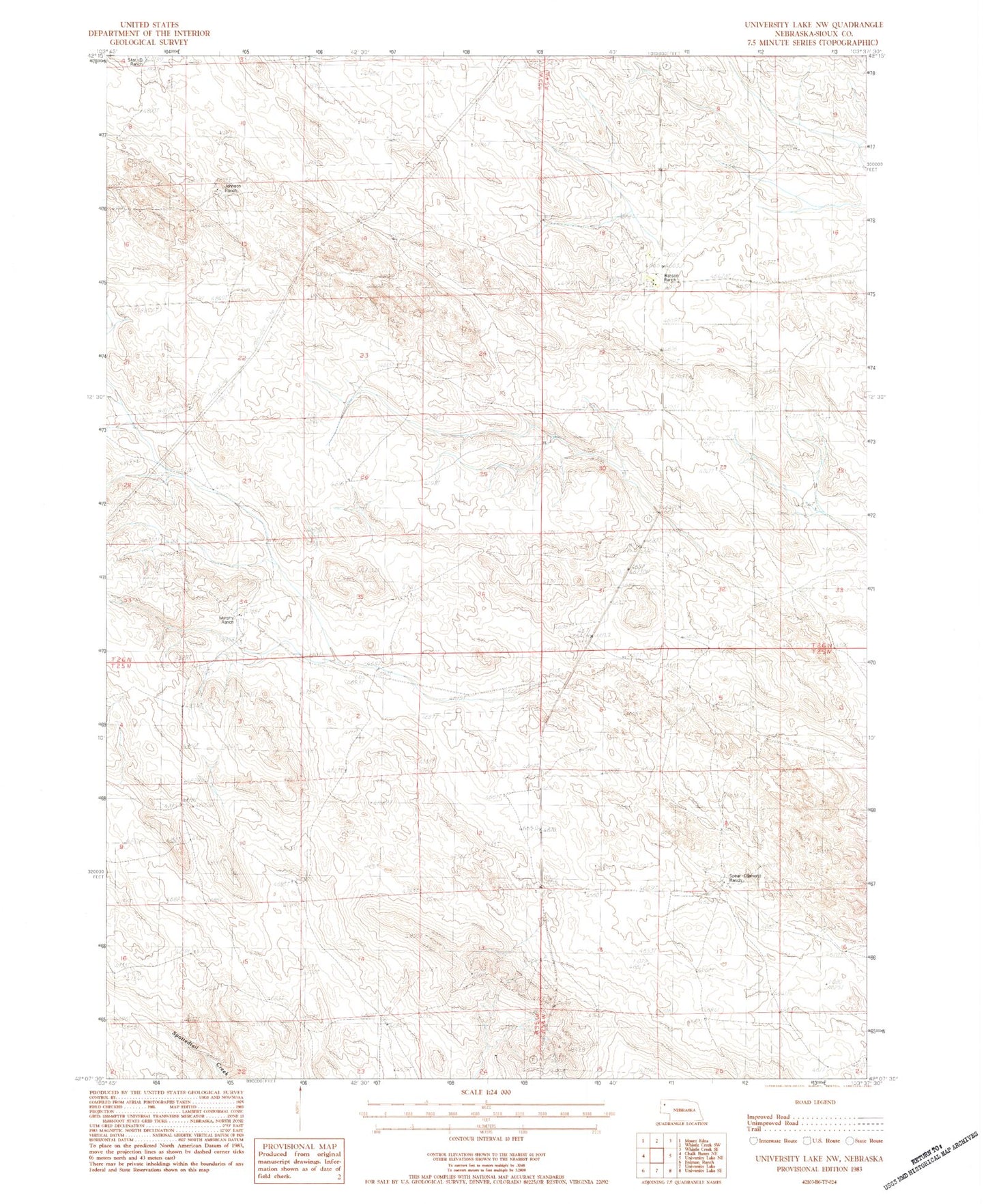 Classic USGS University Lake NW Nebraska 7.5'x7.5' Topo Map Image