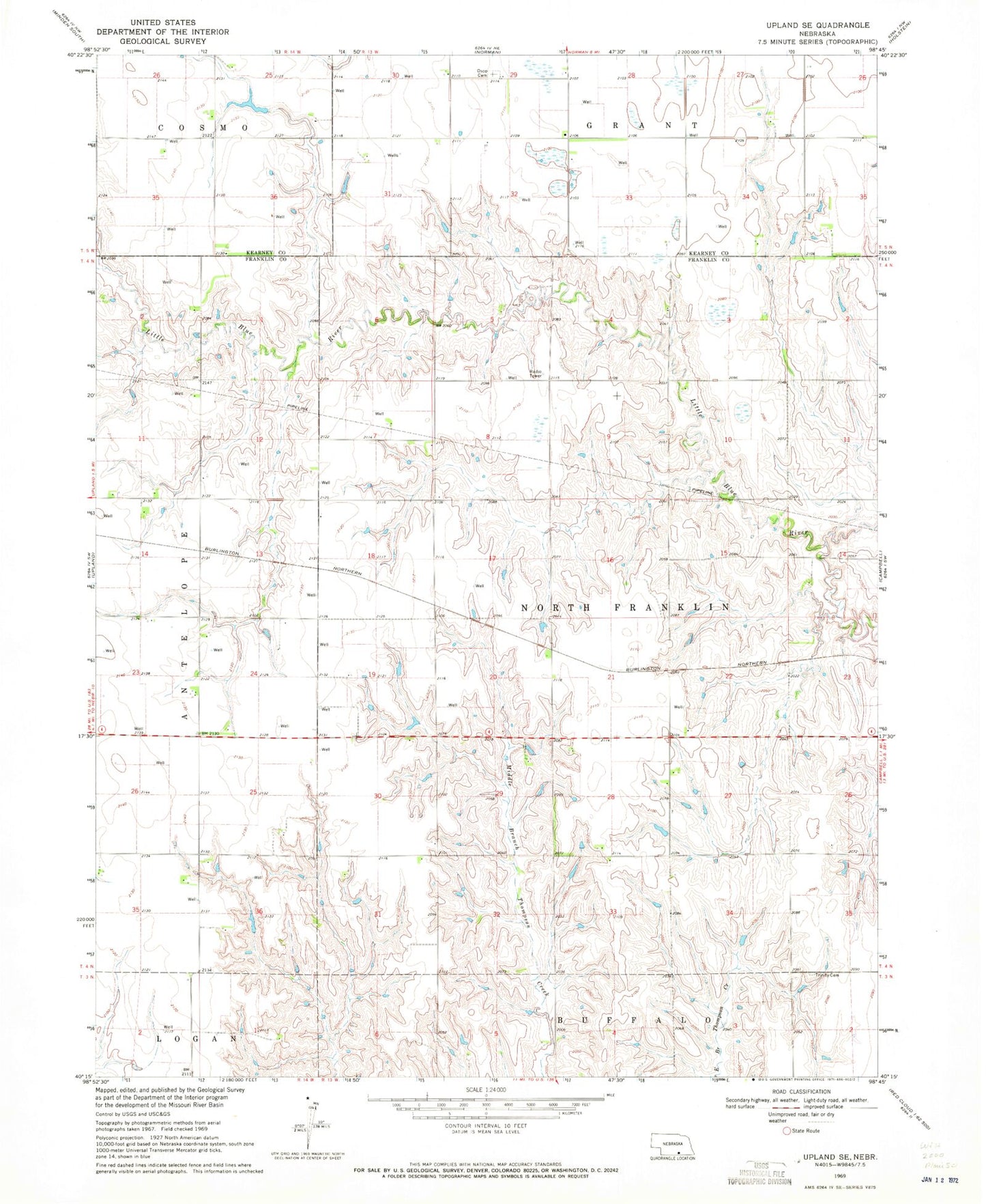 Classic USGS Upland SE Nebraska 7.5'x7.5' Topo Map Image