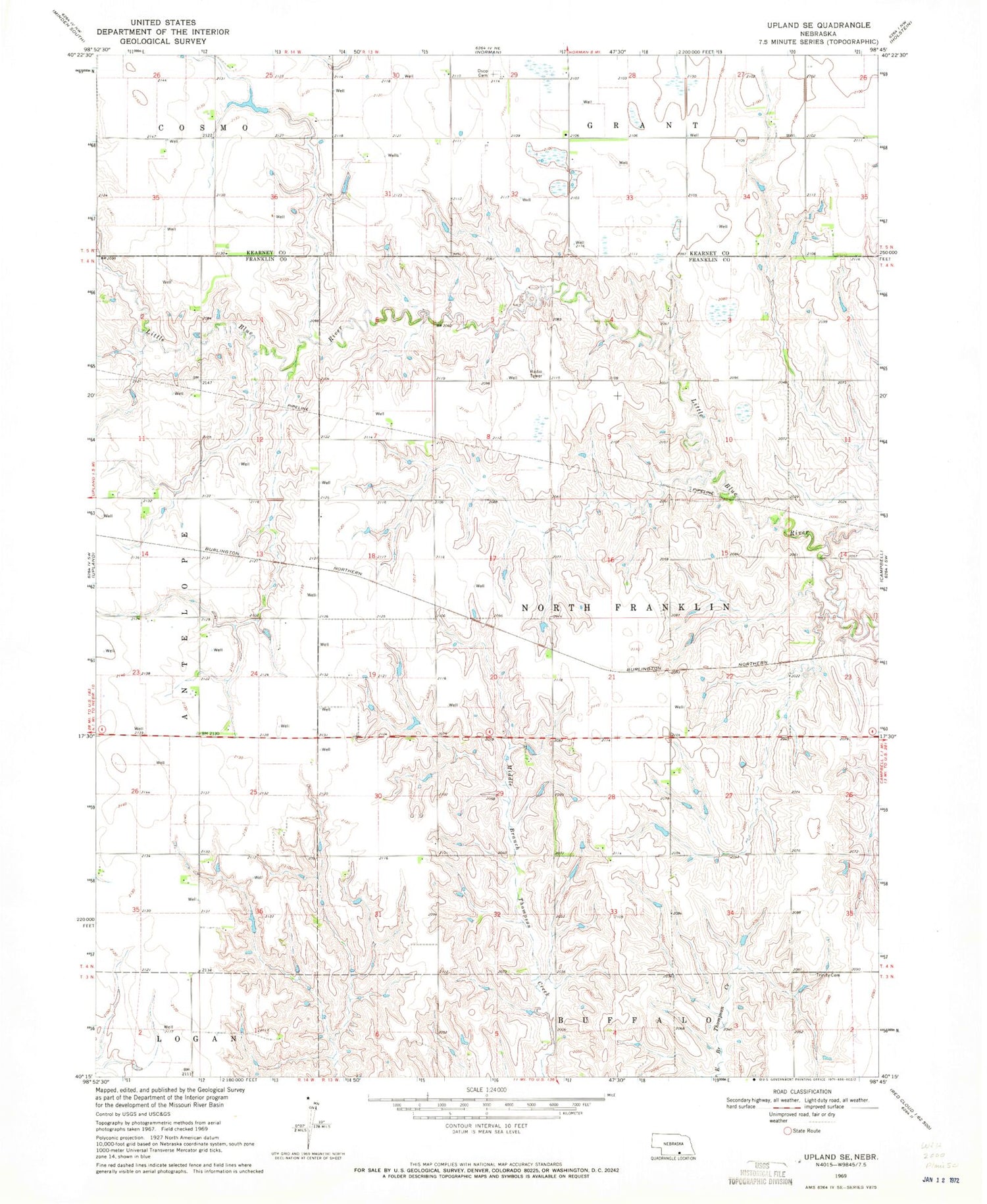 Classic USGS Upland SE Nebraska 7.5'x7.5' Topo Map Image