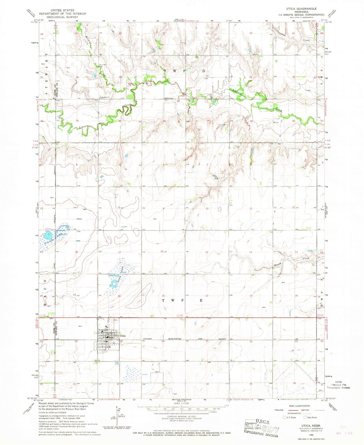 Classic USGS Utica Nebraska 7.5'x7.5' Topo Map Image