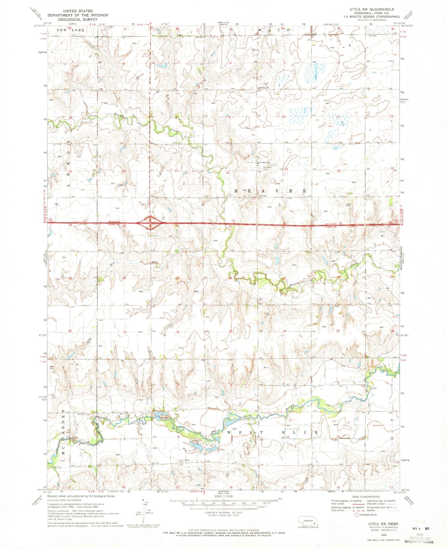 Classic USGS Utica SW Nebraska 7.5'x7.5' Topo Map Image