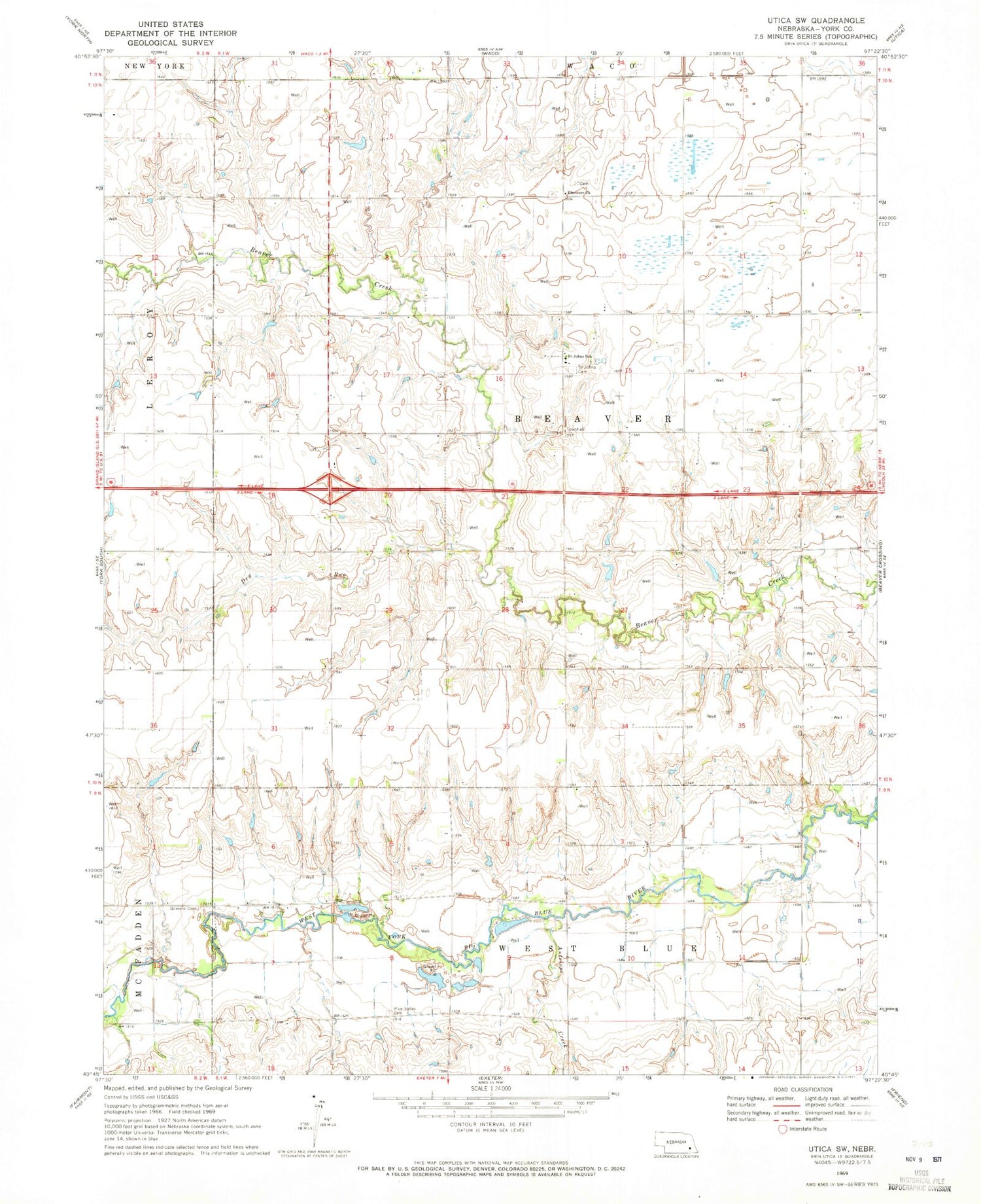 Classic USGS Utica SW Nebraska 7.5'x7.5' Topo Map Image