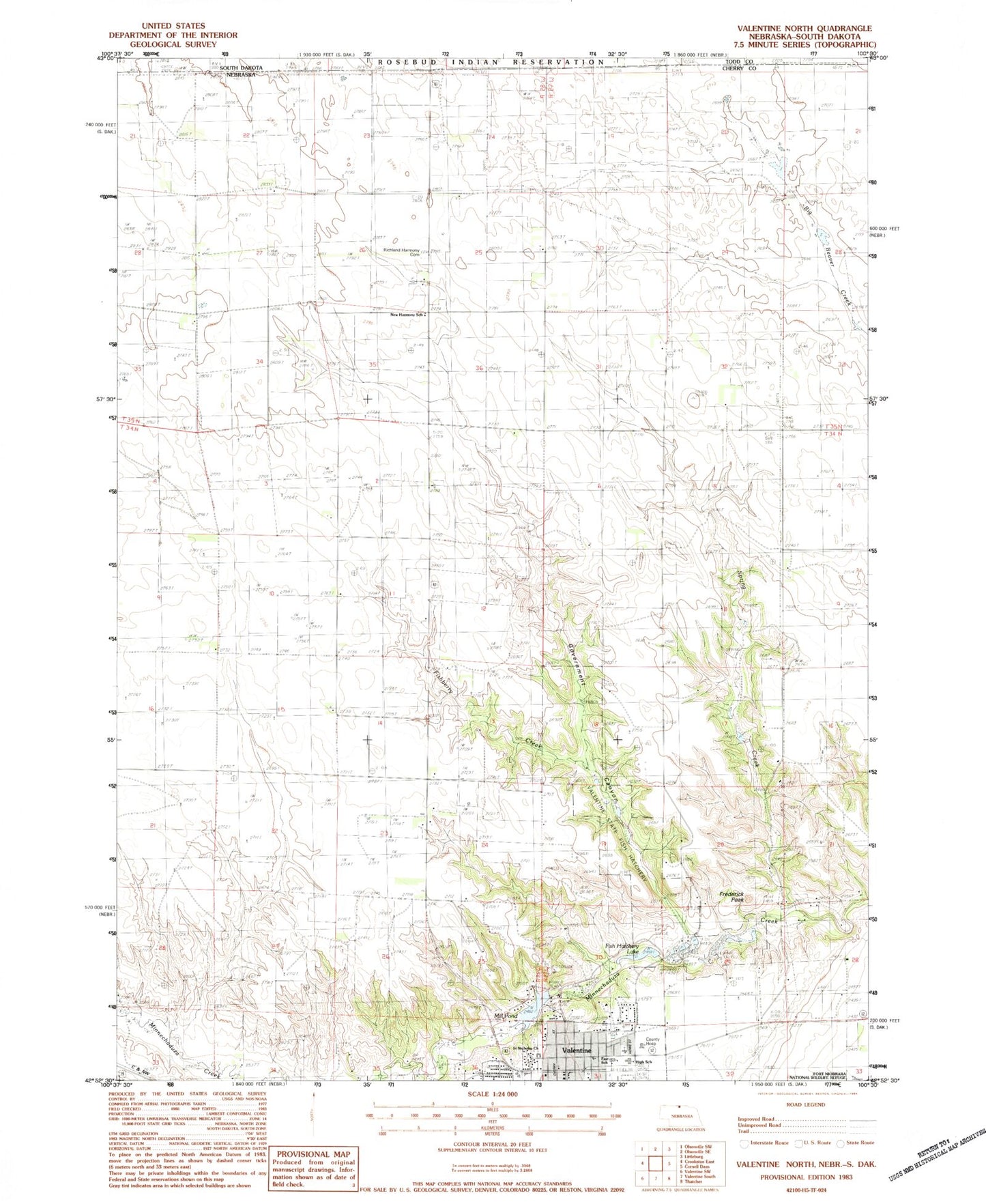 Classic USGS Valentine North Nebraska 7.5'x7.5' Topo Map Image