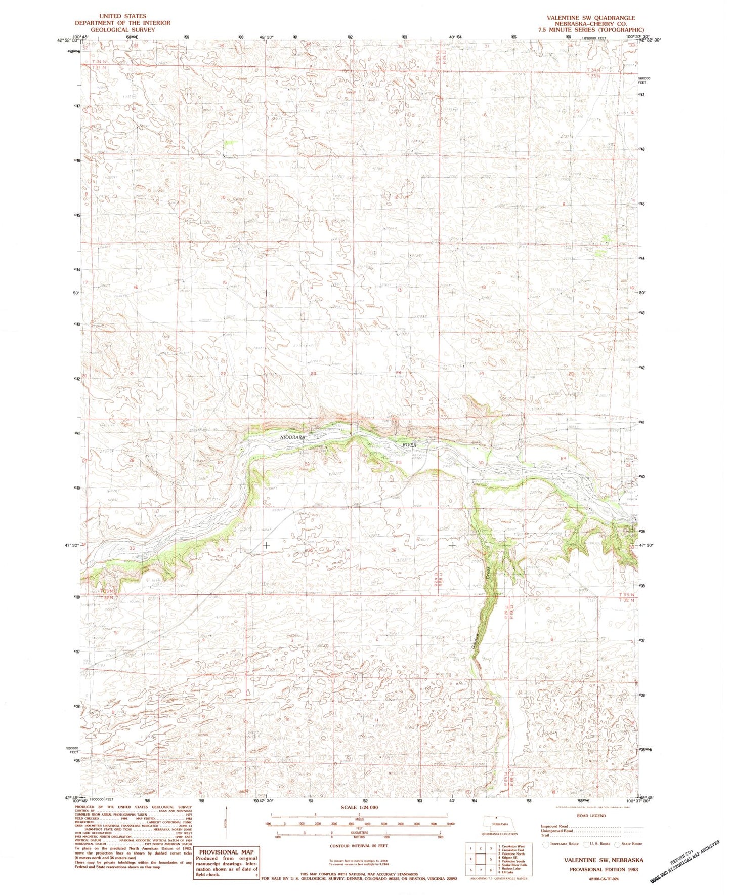 Classic USGS Valentine SW Nebraska 7.5'x7.5' Topo Map Image