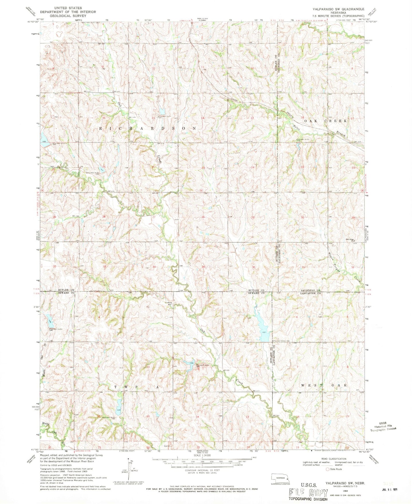 Classic USGS Valparaiso SW Nebraska 7.5'x7.5' Topo Map Image