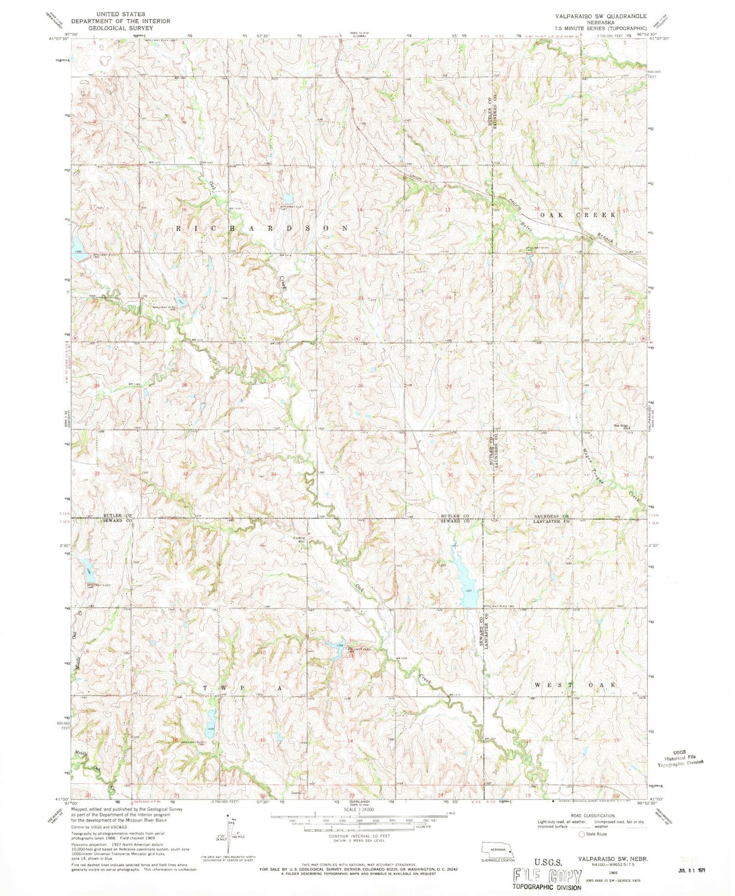 Classic USGS Valparaiso SW Nebraska 7.5'x7.5' Topo Map Image