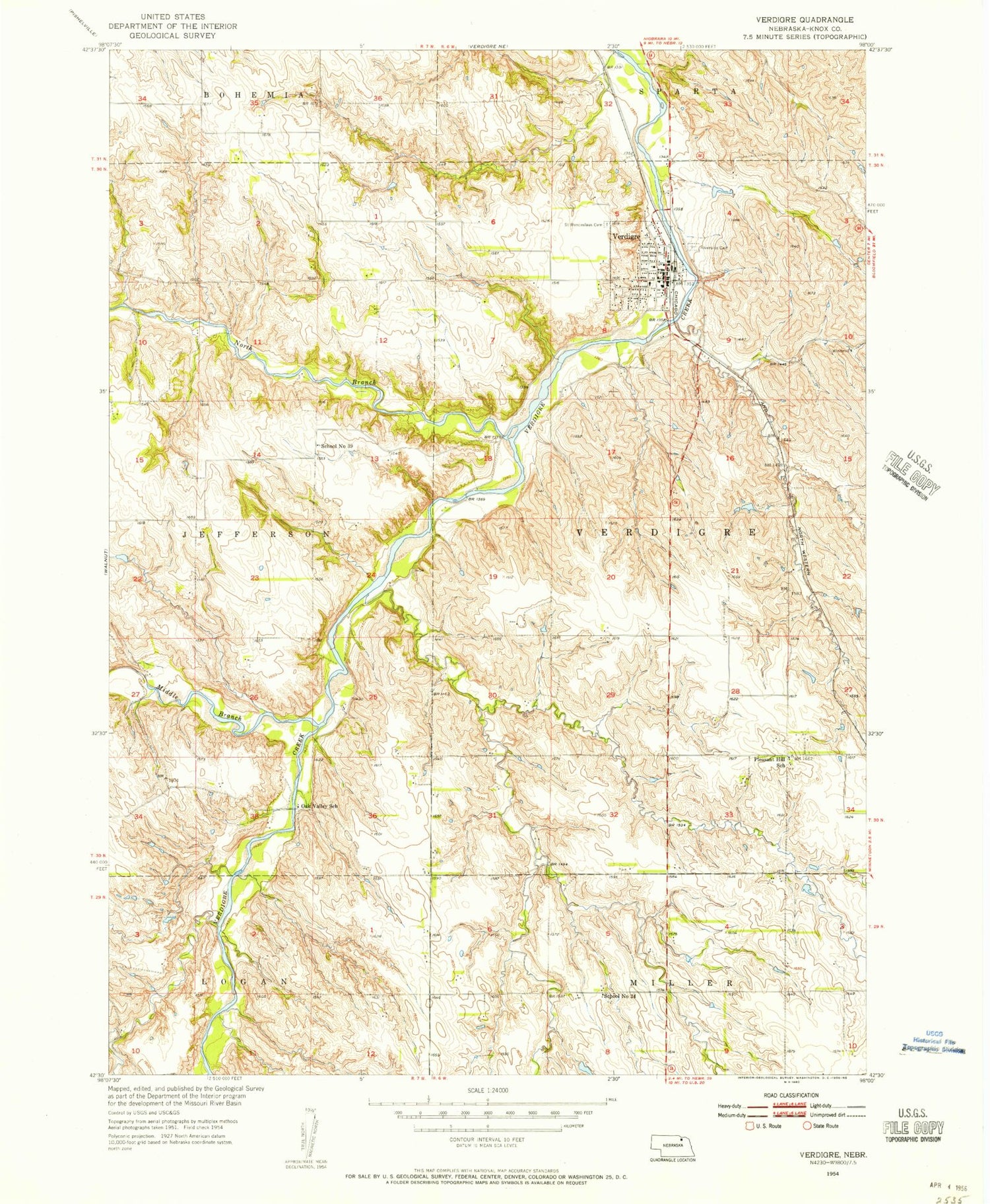 Classic USGS Verdigre Nebraska 7.5'x7.5' Topo Map Image
