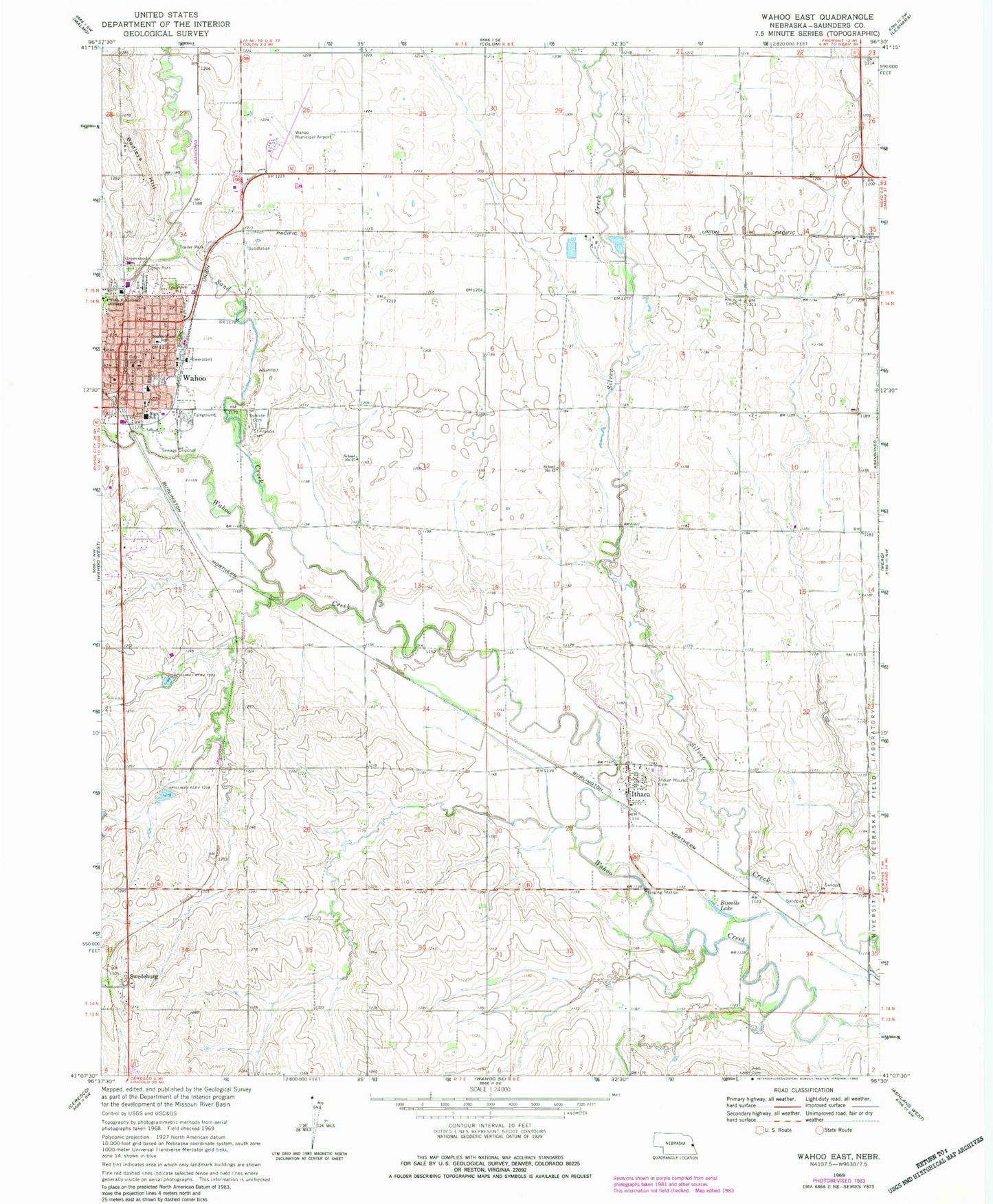 Classic USGS Wahoo East Nebraska 7.5'x7.5' Topo Map Image