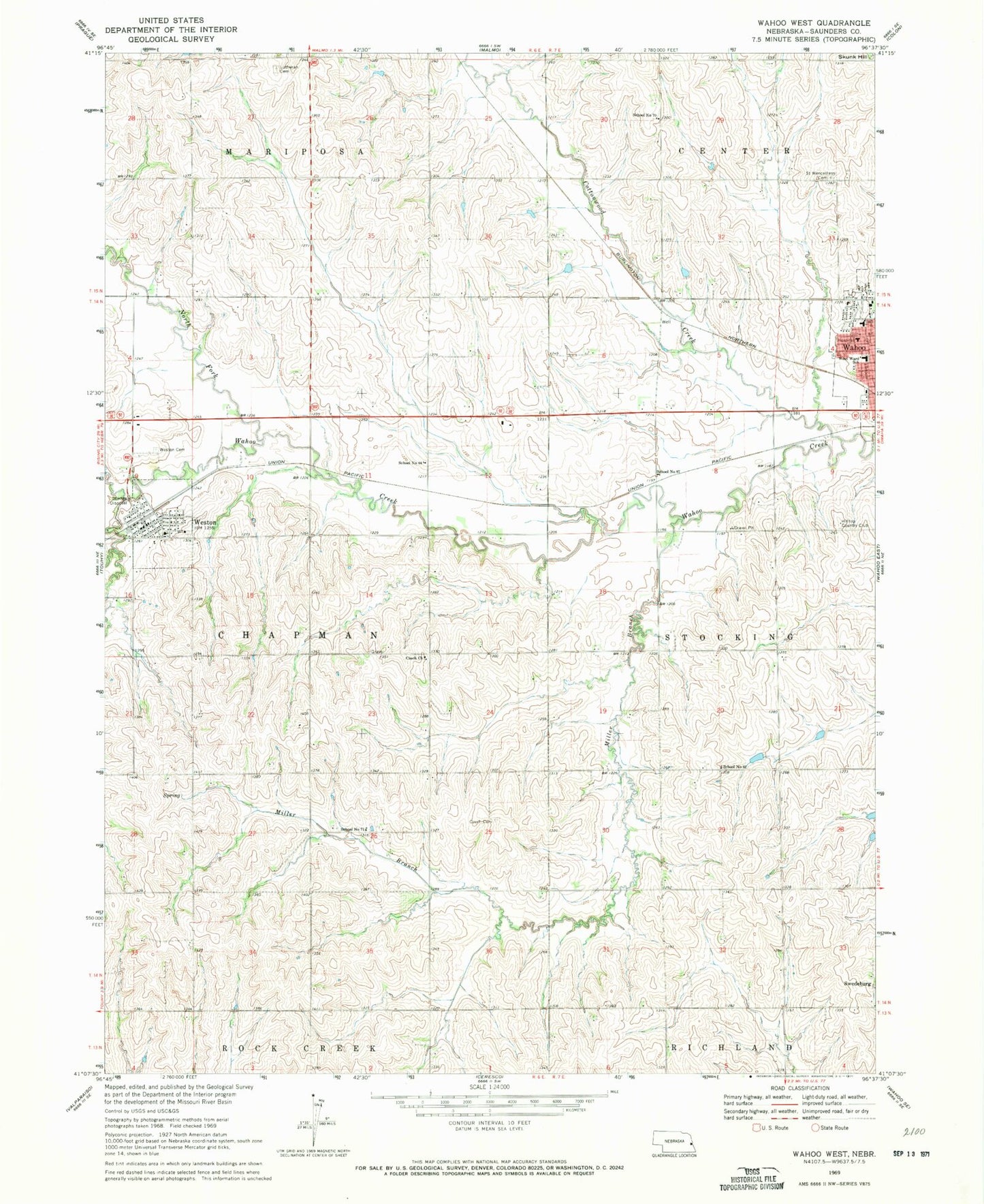 Classic USGS Wahoo West Nebraska 7.5'x7.5' Topo Map Image