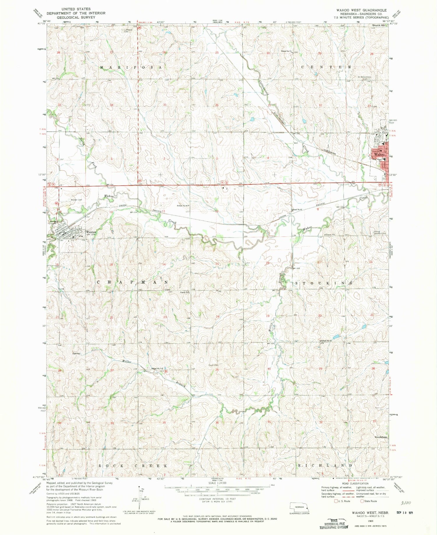 Classic USGS Wahoo West Nebraska 7.5'x7.5' Topo Map Image