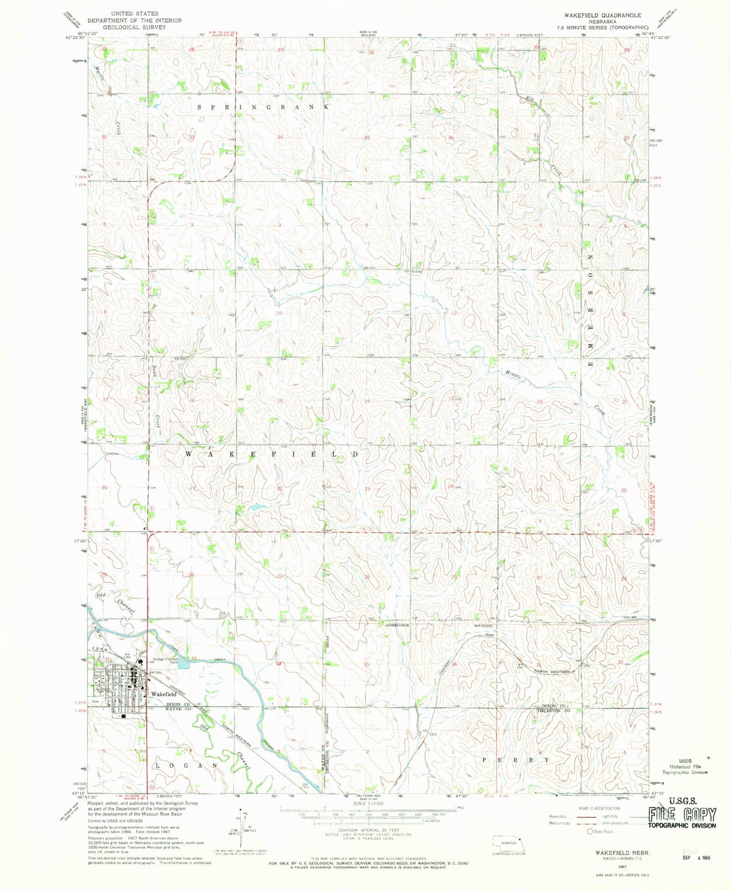 Classic USGS Wakefield Nebraska 7.5'x7.5' Topo Map Image