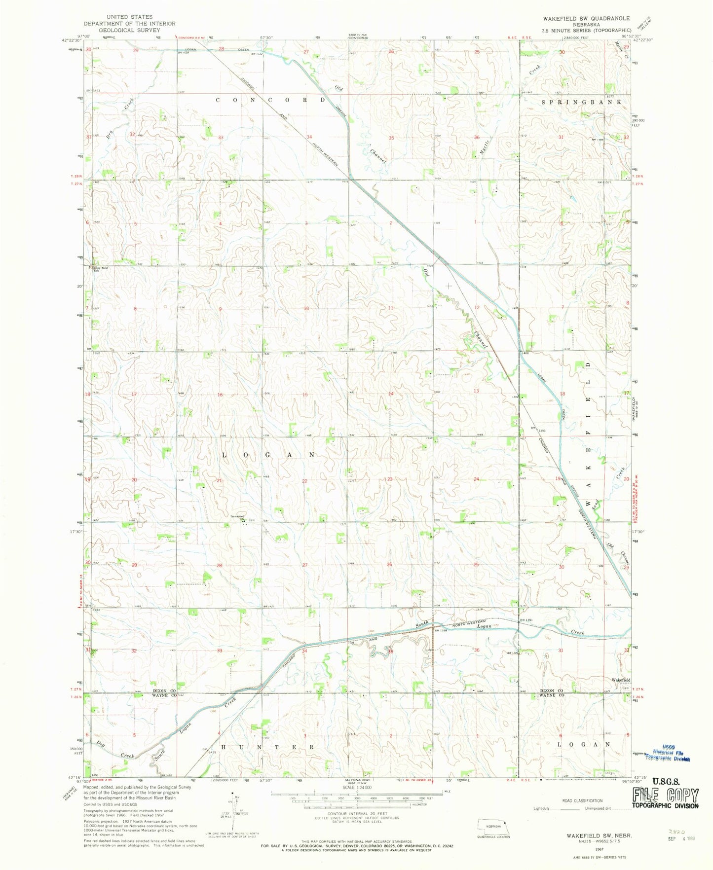 Classic USGS Wakefield SW Nebraska 7.5'x7.5' Topo Map Image
