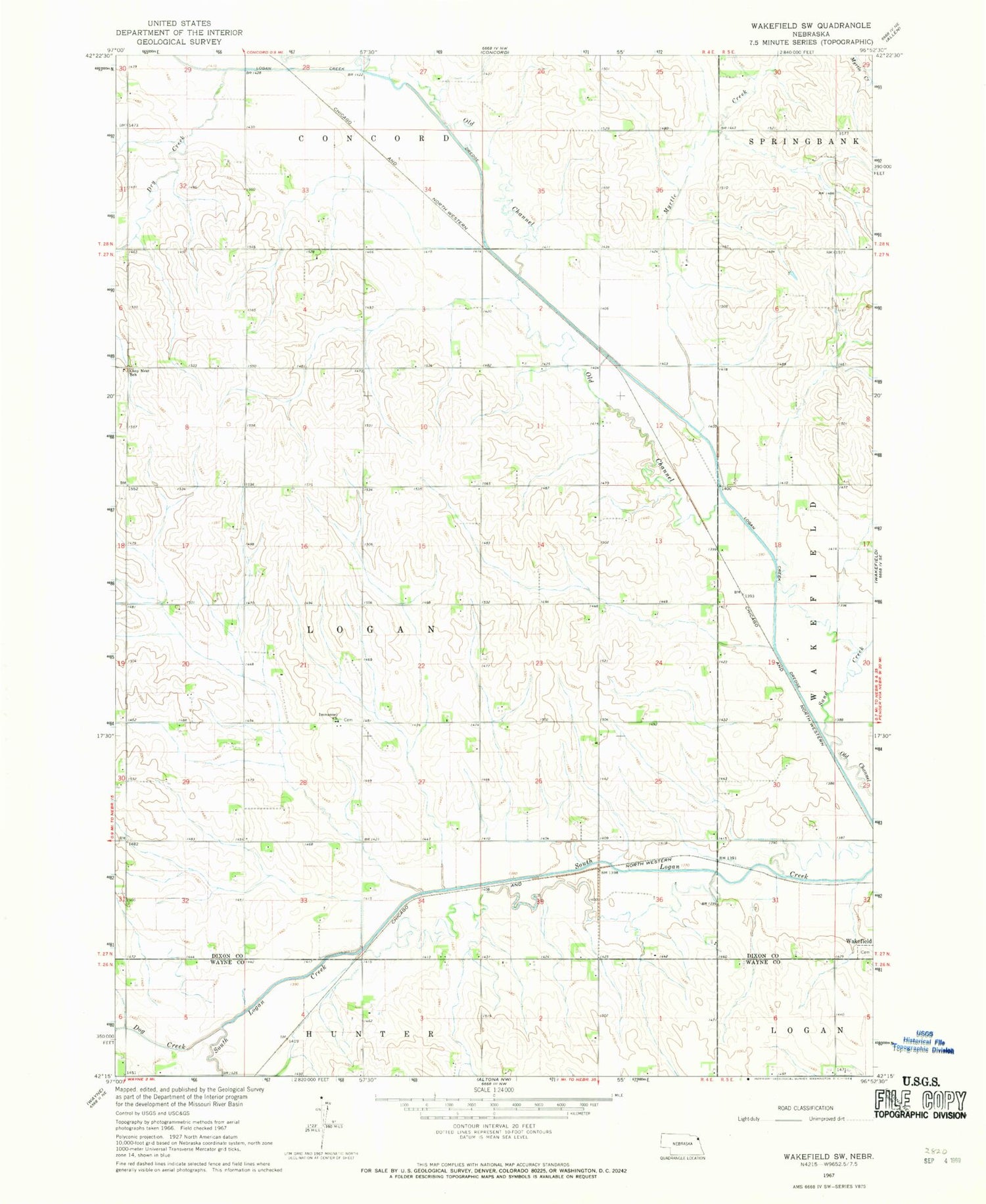 Classic USGS Wakefield SW Nebraska 7.5'x7.5' Topo Map Image