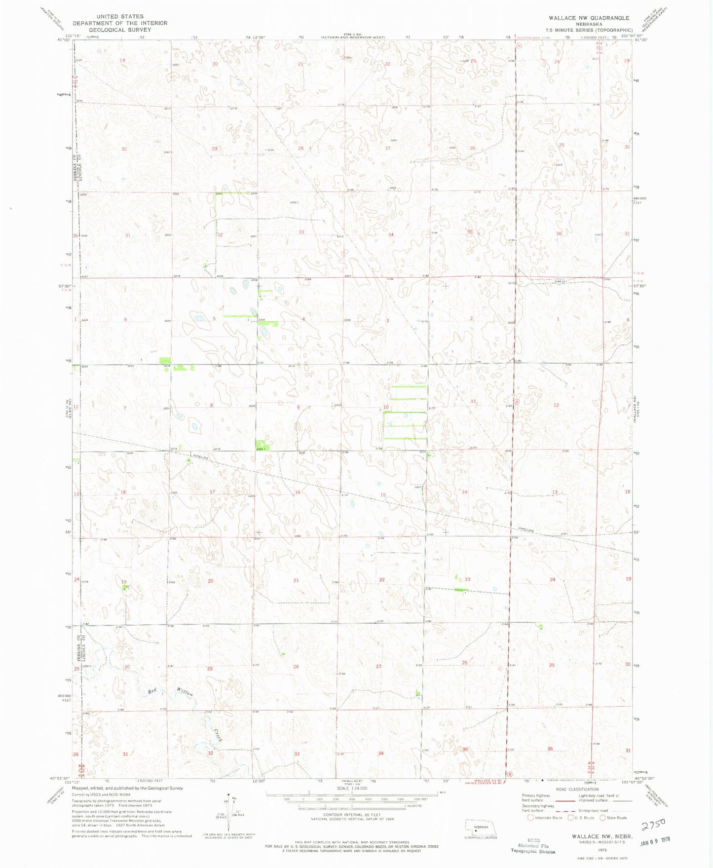 Classic USGS Wallace NW Nebraska 7.5'x7.5' Topo Map Image