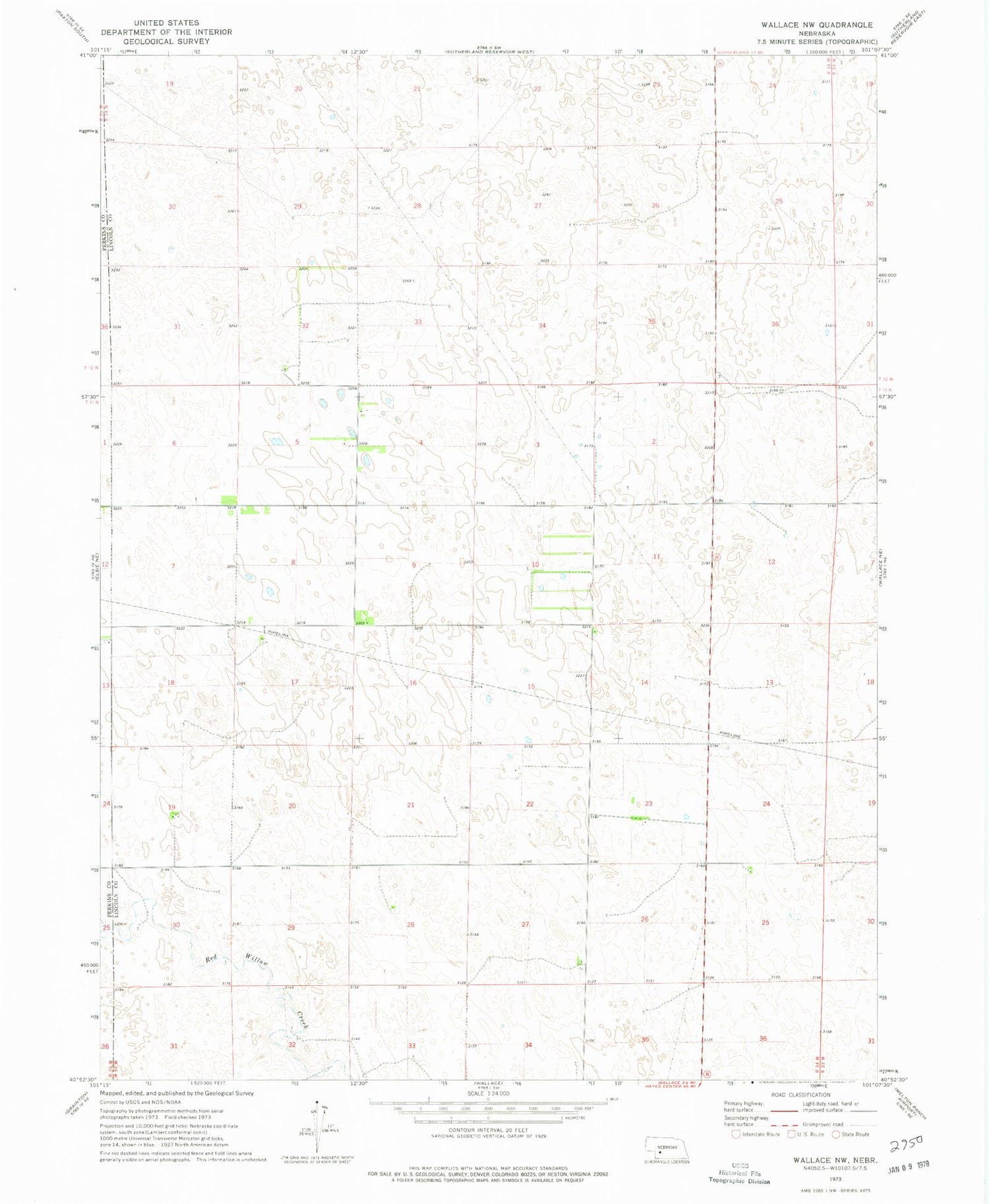 Classic USGS Wallace NW Nebraska 7.5'x7.5' Topo Map Image