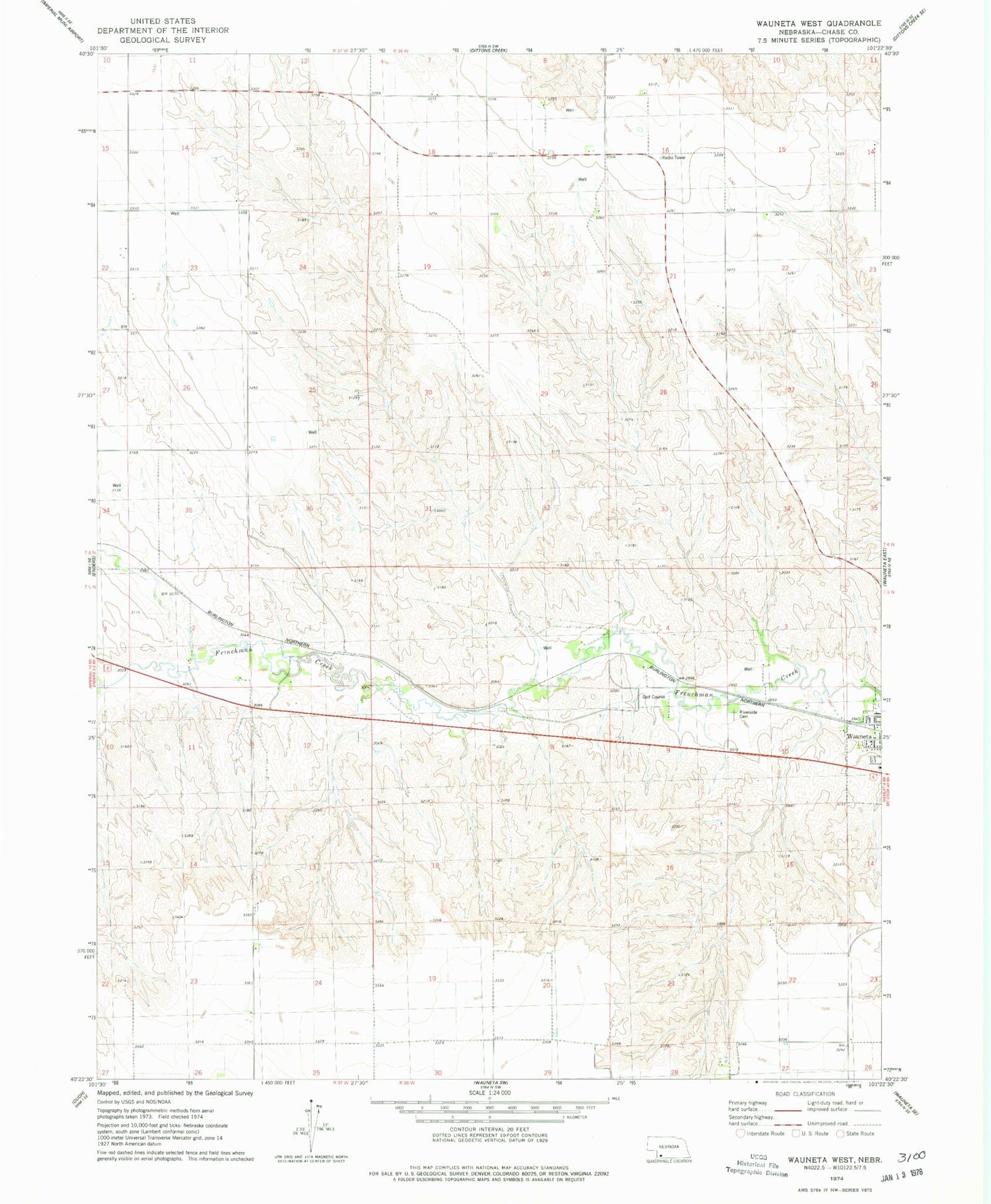 Classic USGS Wauneta West Nebraska 7.5'x7.5' Topo Map Image