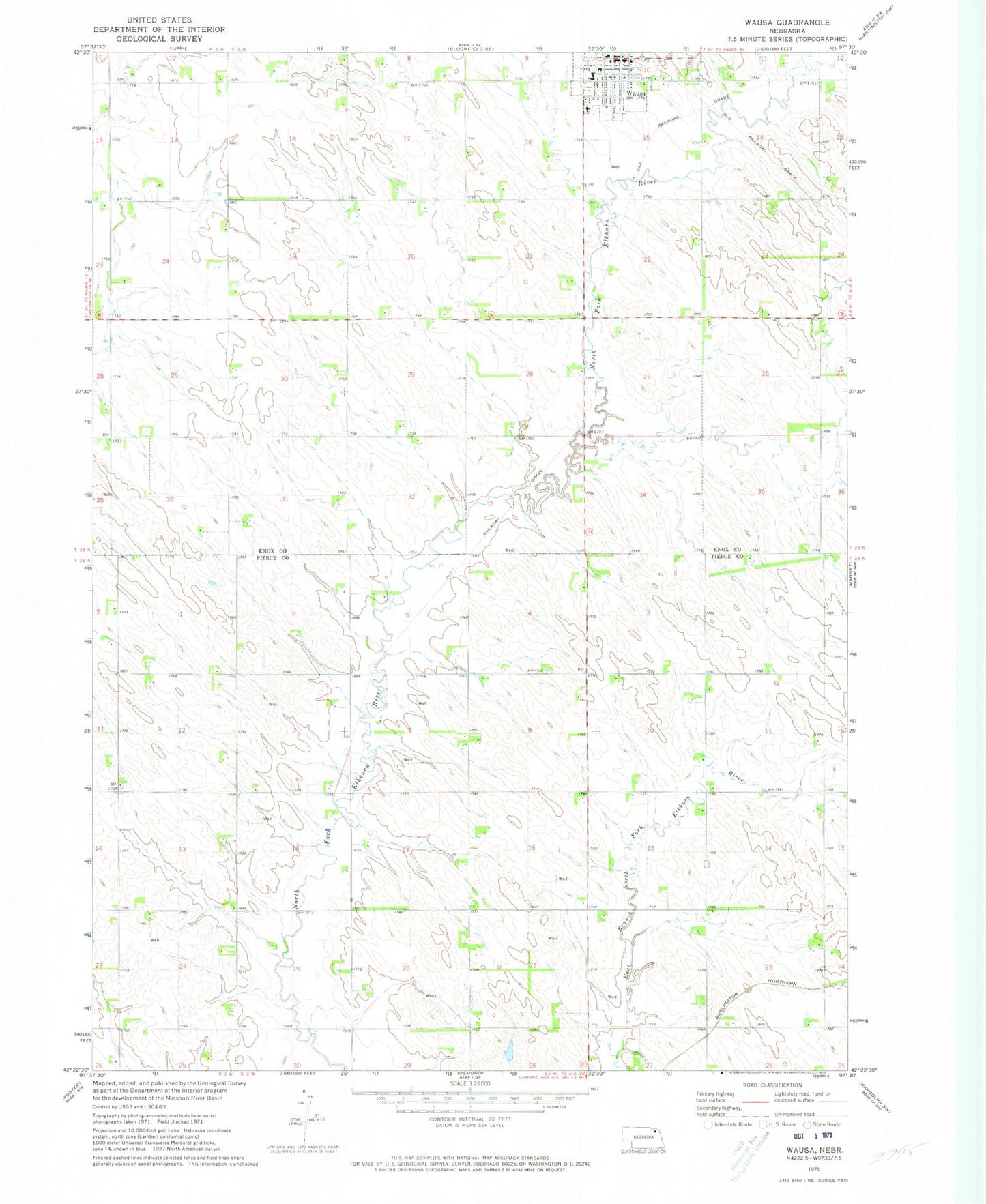 Classic USGS Wausa Nebraska 7.5'x7.5' Topo Map Image