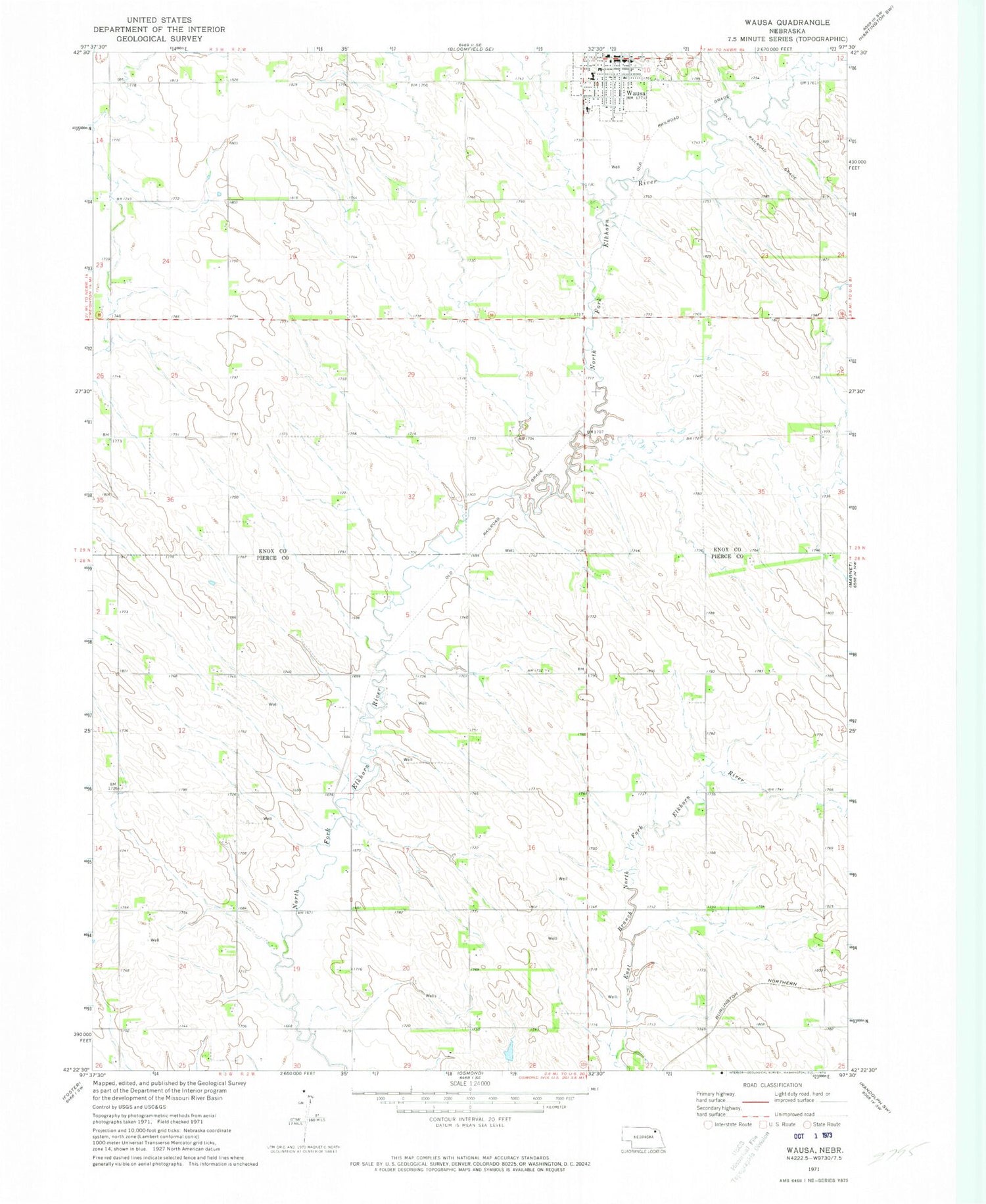 Classic USGS Wausa Nebraska 7.5'x7.5' Topo Map Image
