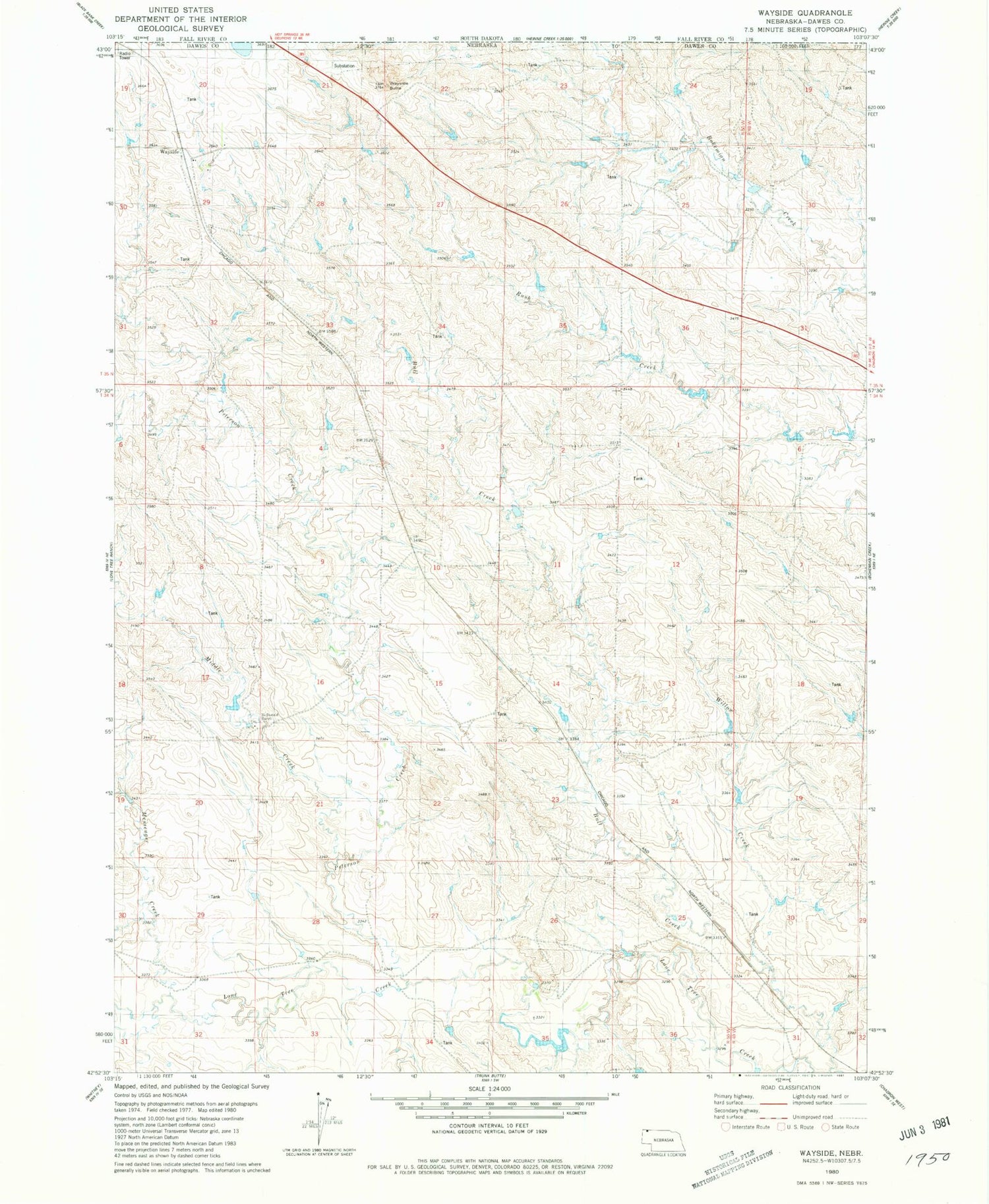 Classic USGS Wayside Nebraska 7.5'x7.5' Topo Map Image