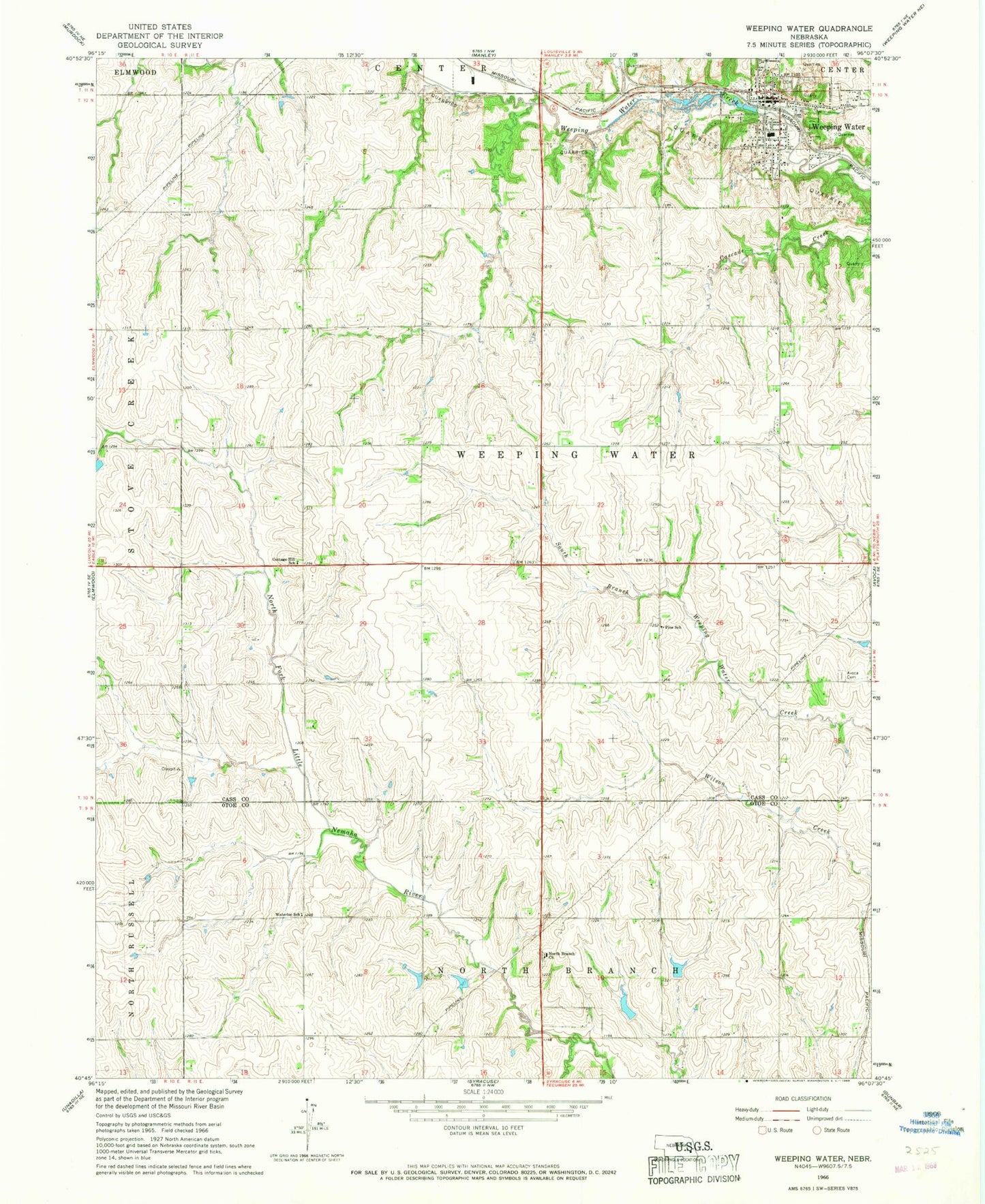 Classic USGS Weeping Water Nebraska 7.5'x7.5' Topo Map Image