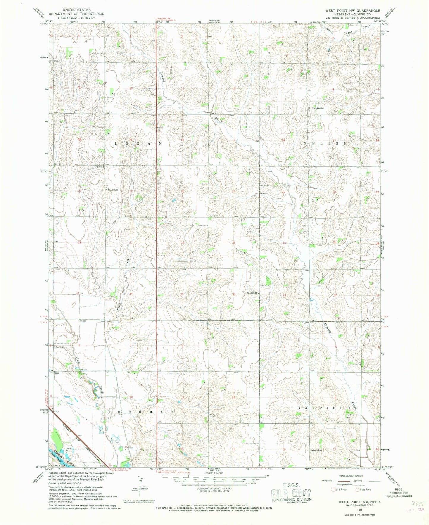 Classic USGS West Point NW Nebraska 7.5'x7.5' Topo Map Image