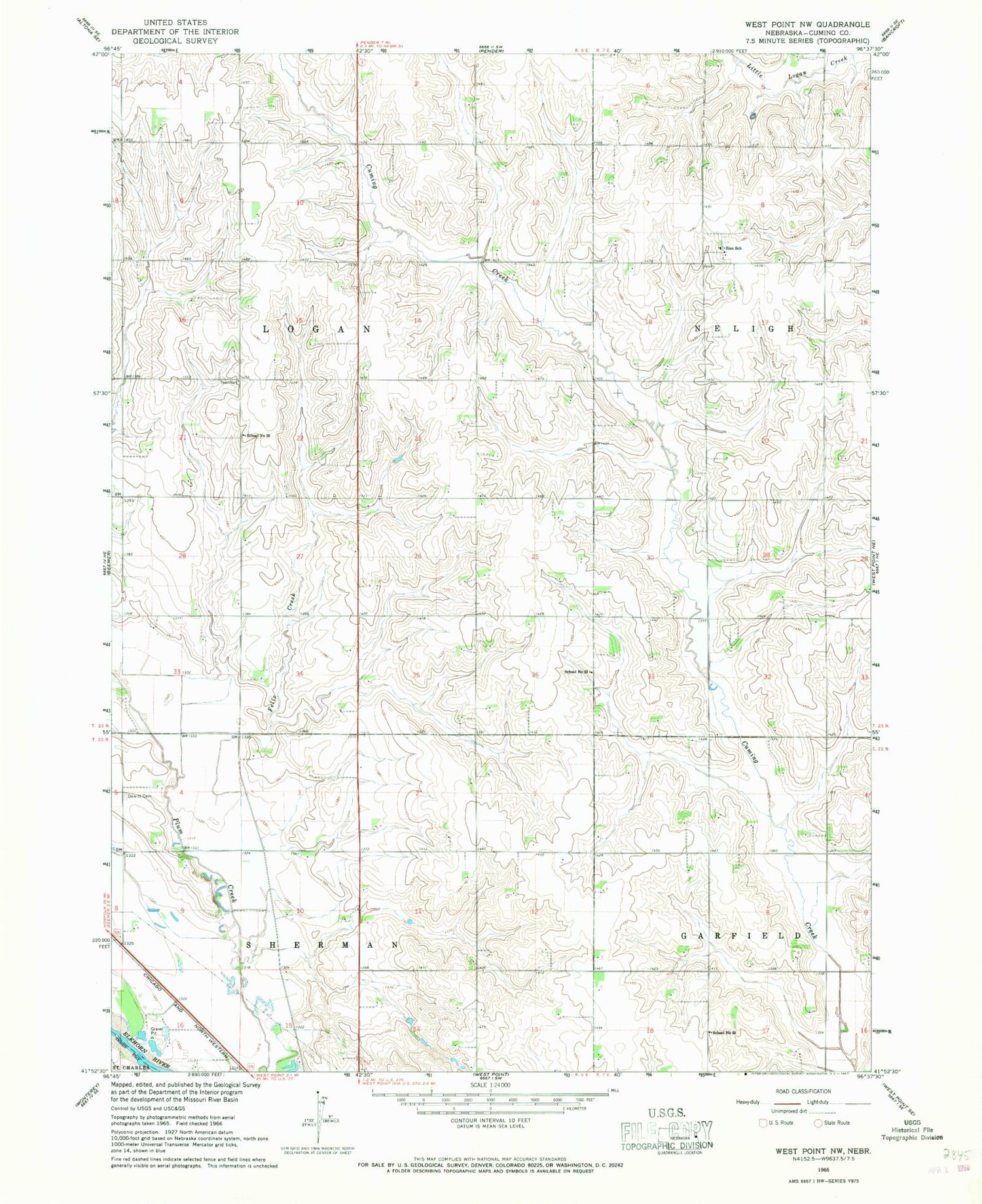 Classic USGS West Point NW Nebraska 7.5'x7.5' Topo Map Image