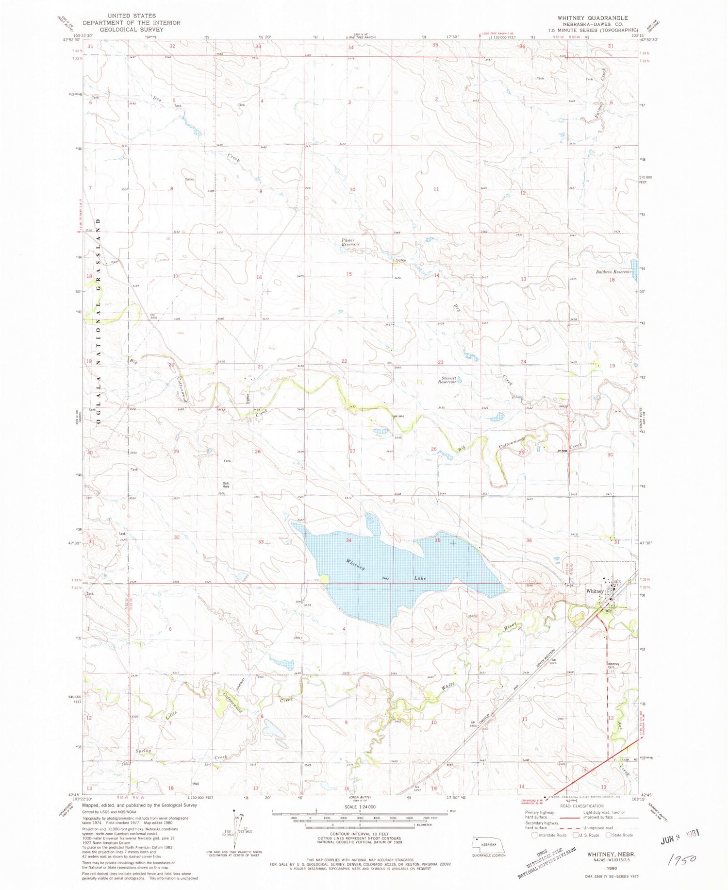 Classic USGS Whitney Nebraska 7.5'x7.5' Topo Map Image