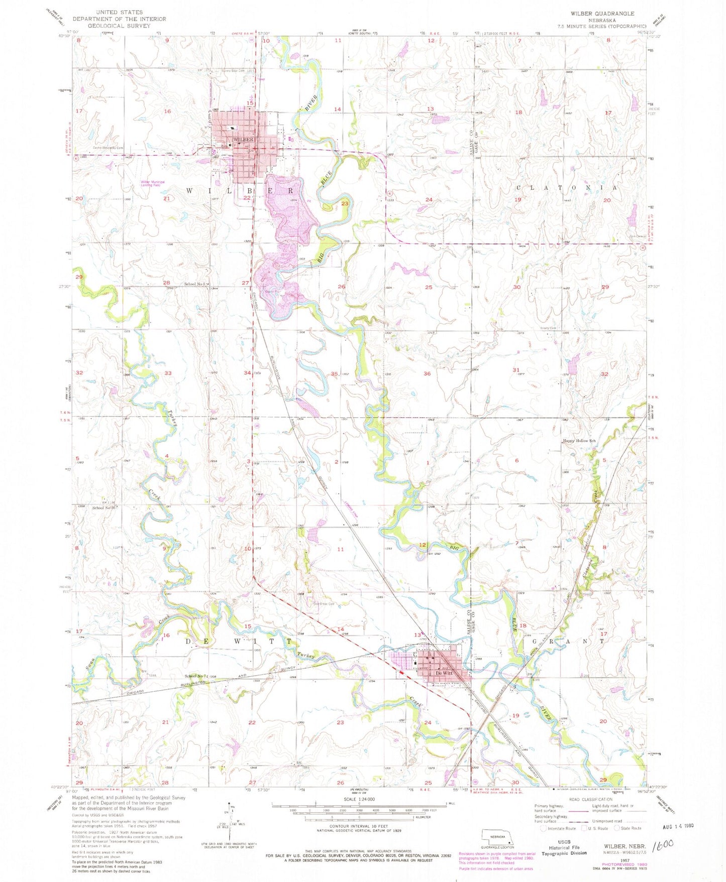 Classic USGS Wilber Nebraska 7.5'x7.5' Topo Map Image