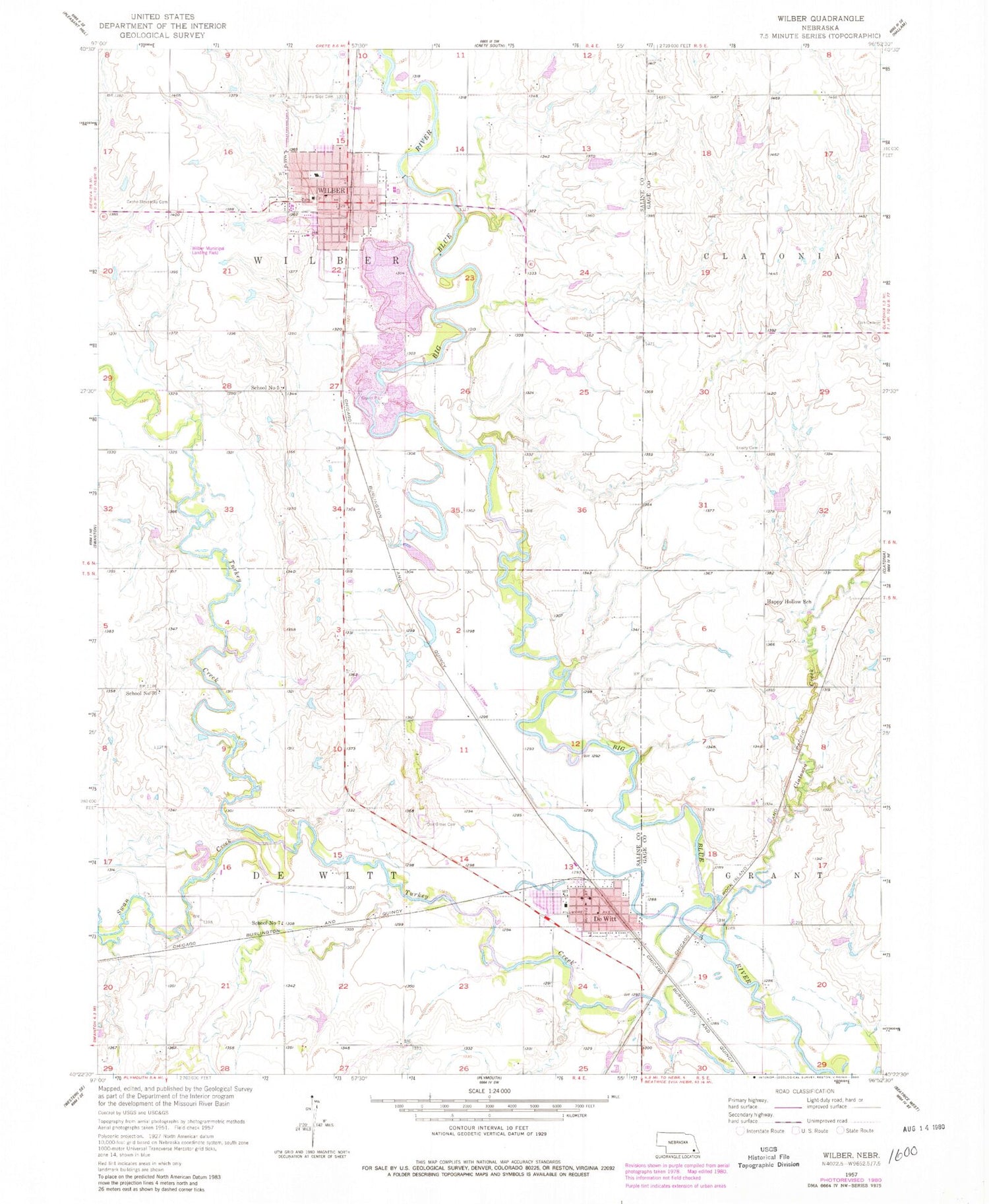 Classic USGS Wilber Nebraska 7.5'x7.5' Topo Map Image
