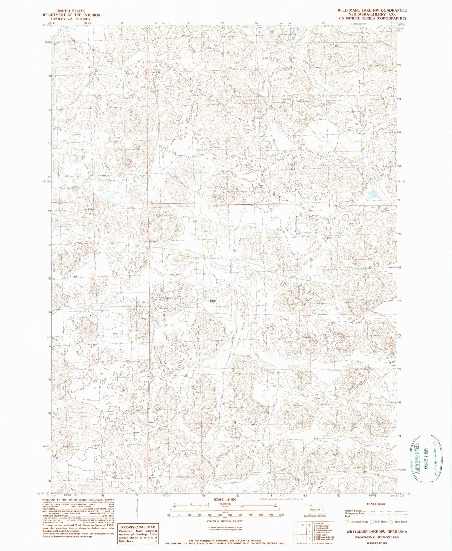 Classic USGS Wild Mare Lake NW Nebraska 7.5'x7.5' Topo Map Image