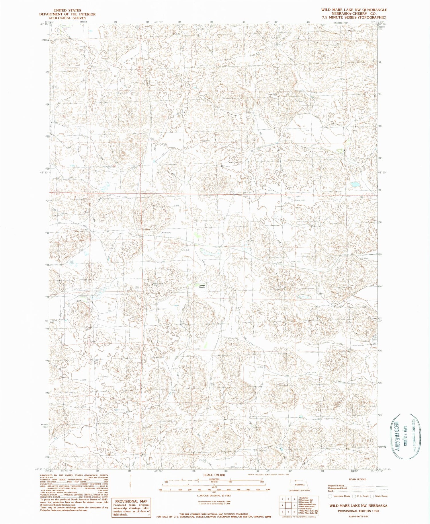 Classic USGS Wild Mare Lake NW Nebraska 7.5'x7.5' Topo Map Image