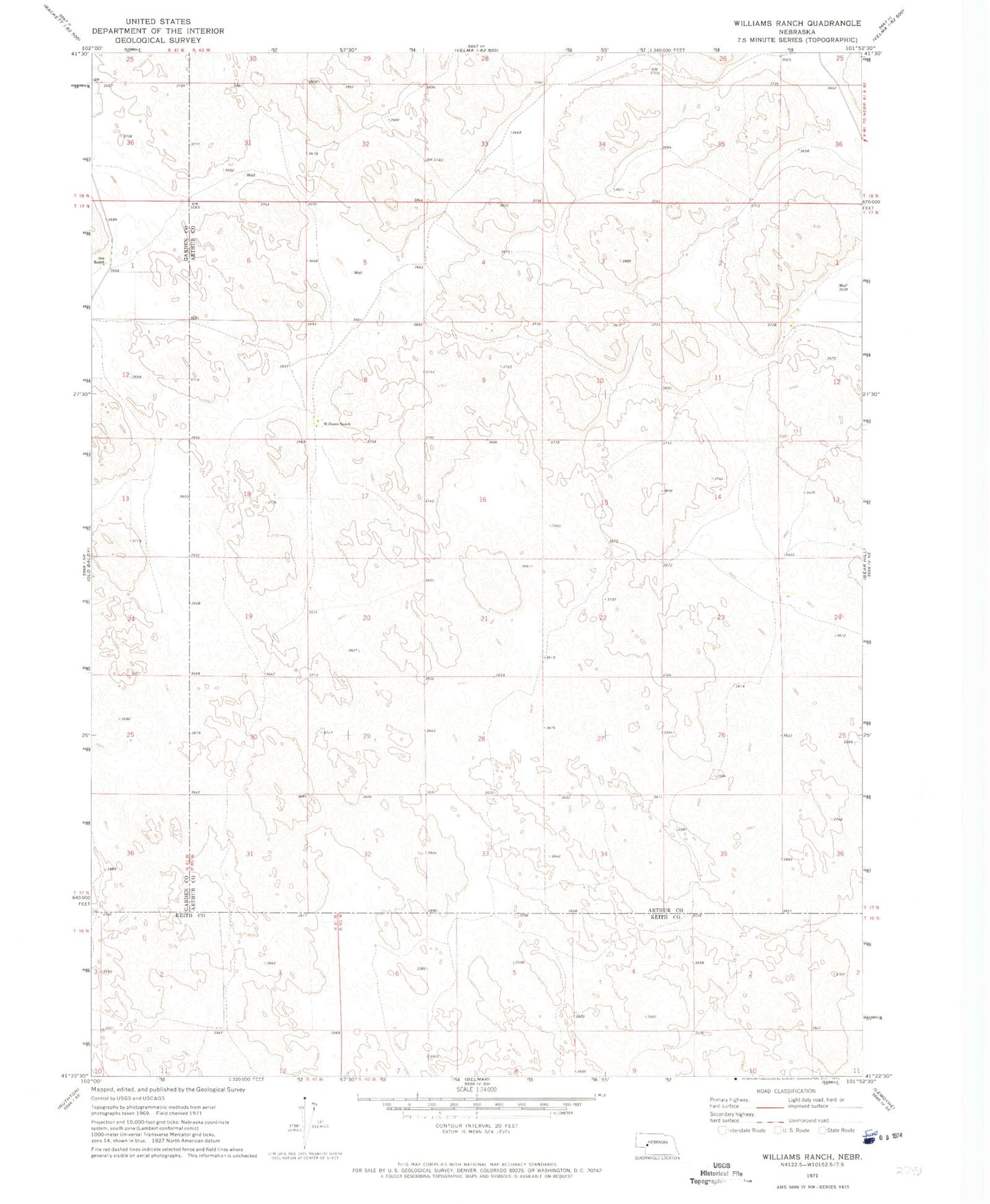 Classic USGS Williams Ranch Nebraska 7.5'x7.5' Topo Map Image