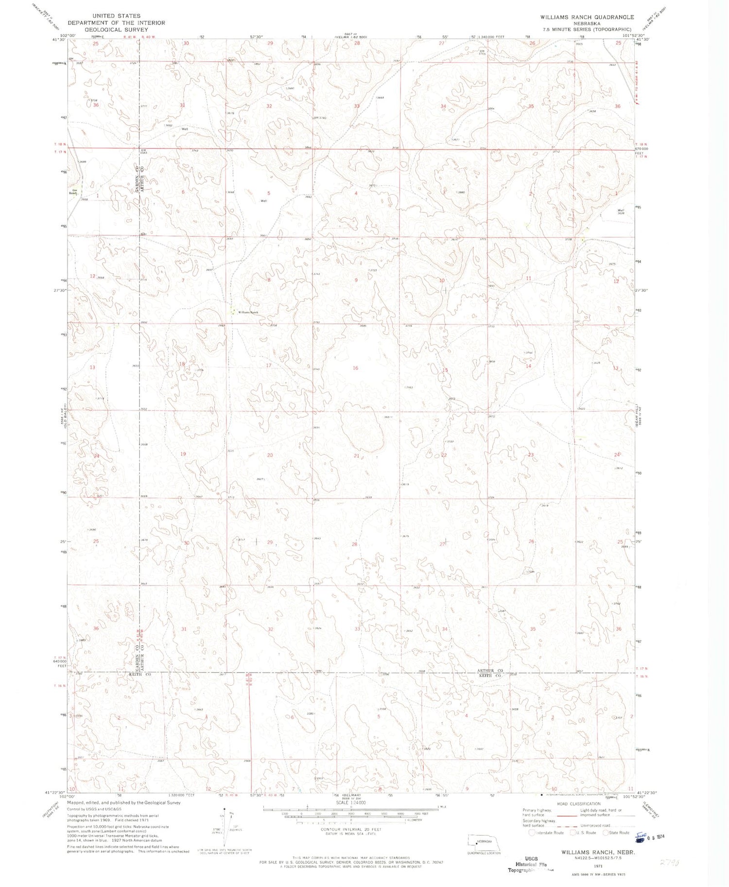 Classic USGS Williams Ranch Nebraska 7.5'x7.5' Topo Map Image