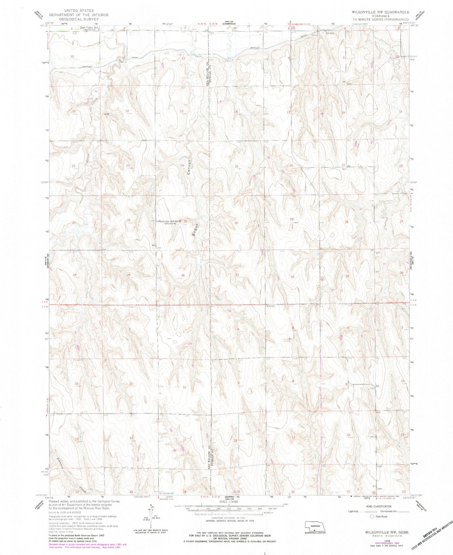 Classic USGS Wilsonville NW Nebraska 7.5'x7.5' Topo Map Image