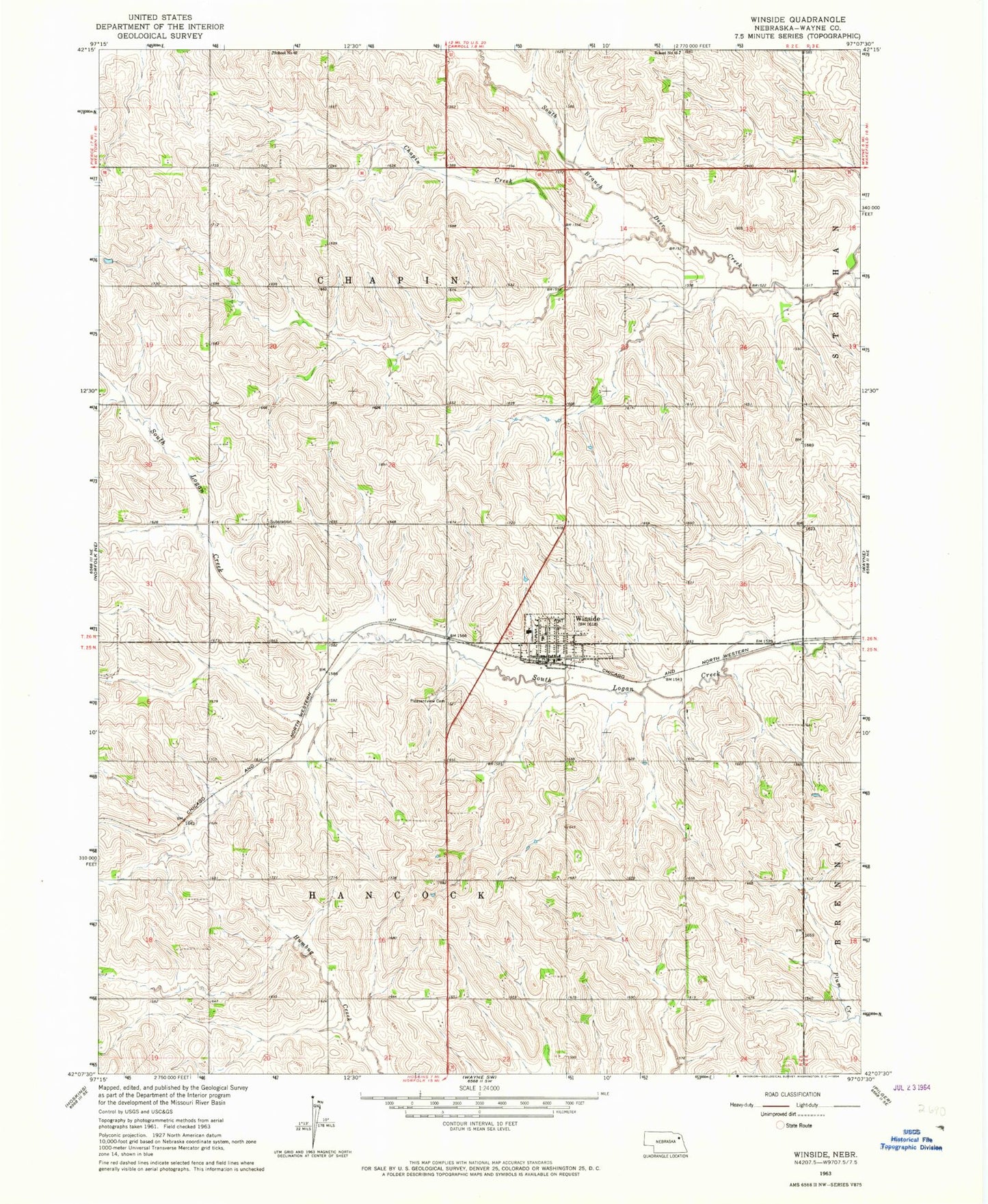 Classic USGS Winside Nebraska 7.5'x7.5' Topo Map Image