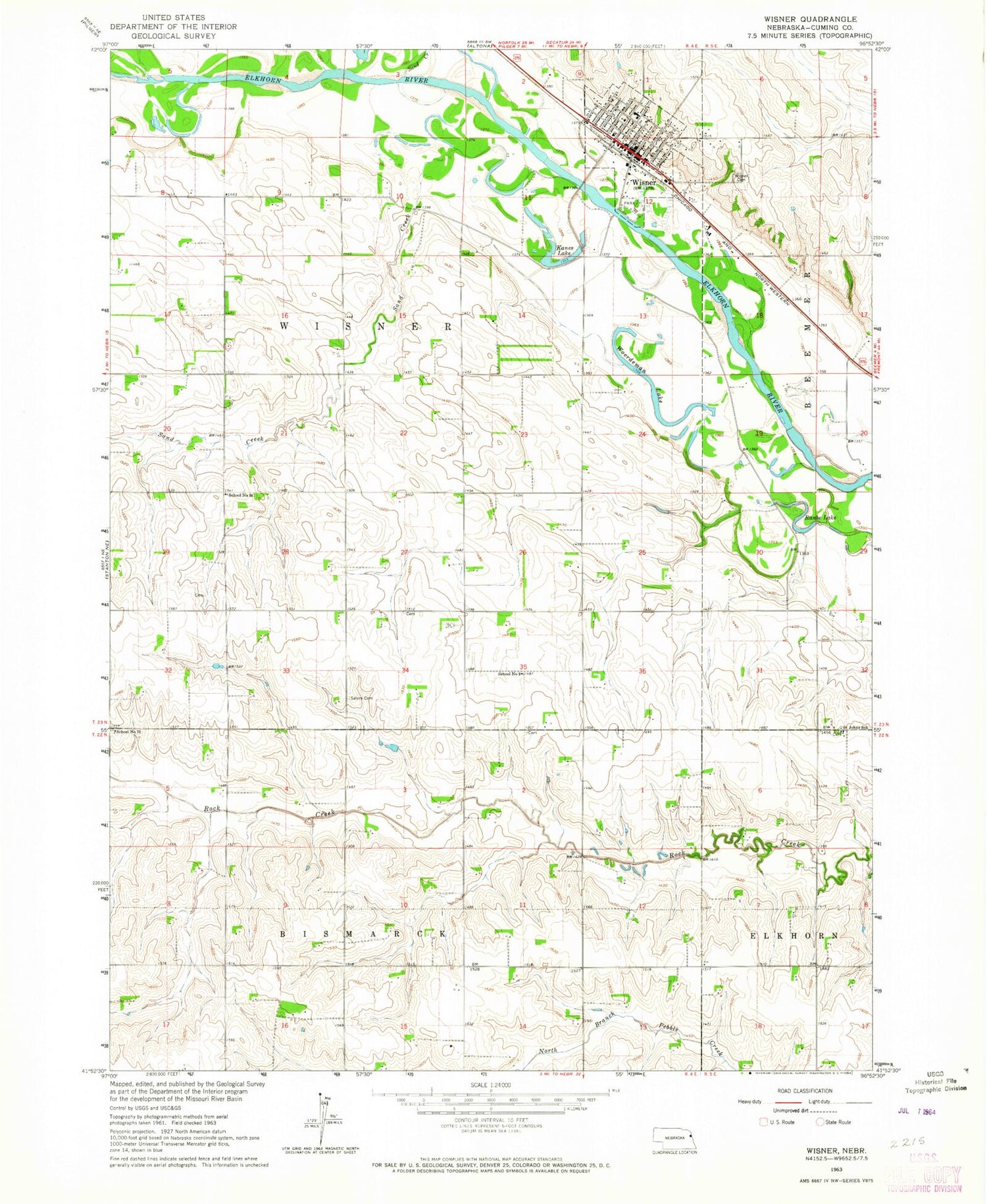 Classic USGS Wisner Nebraska 7.5'x7.5' Topo Map Image