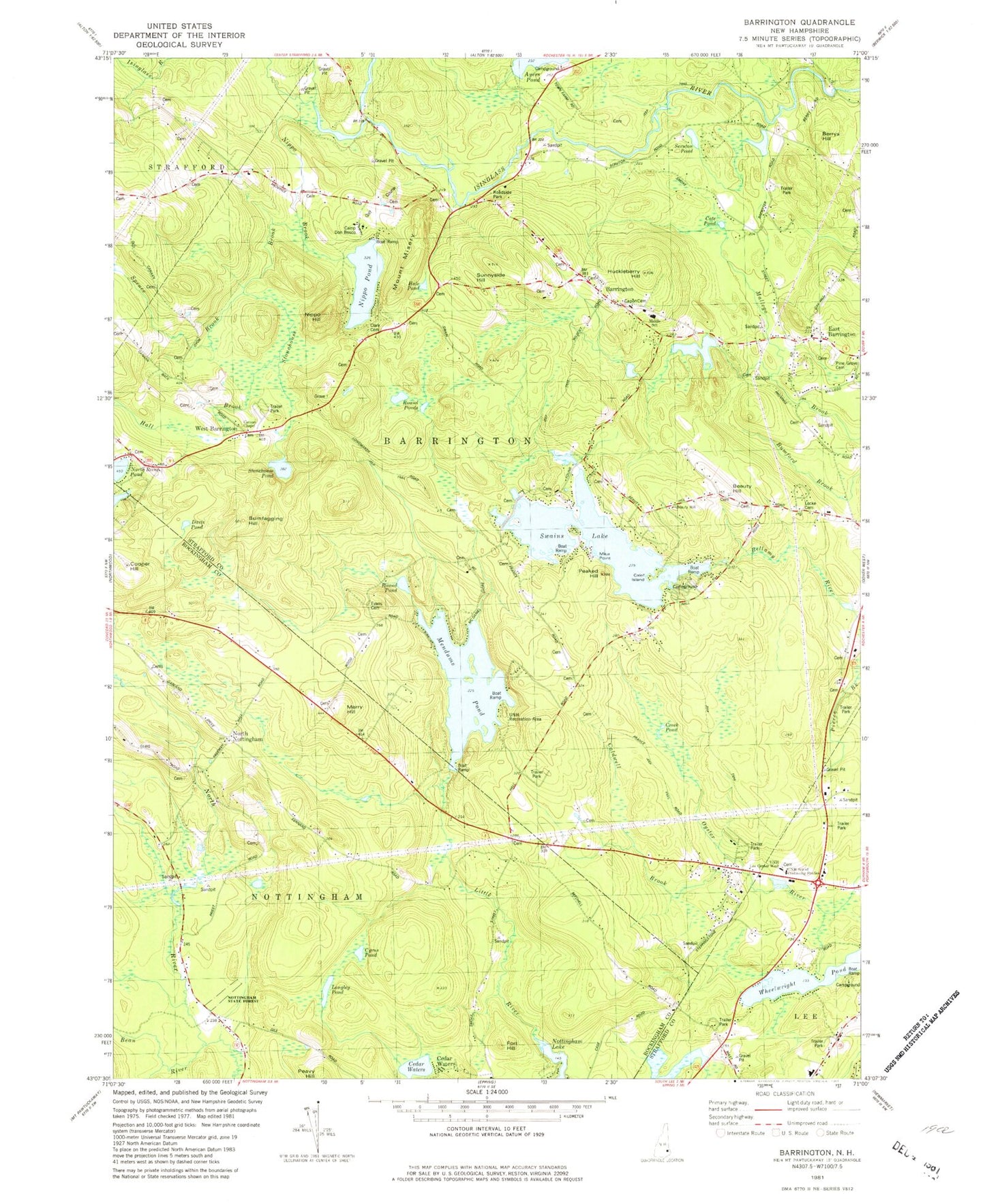 Classic USGS Barrington New Hampshire 7.5'x7.5' Topo Map Image