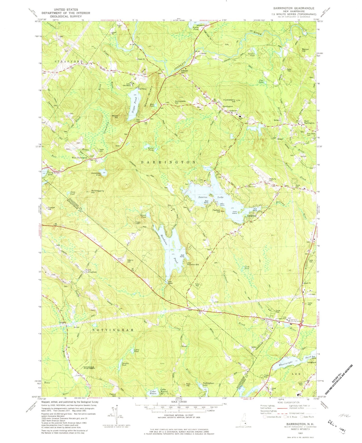 Classic USGS Barrington New Hampshire 7.5'x7.5' Topo Map Image