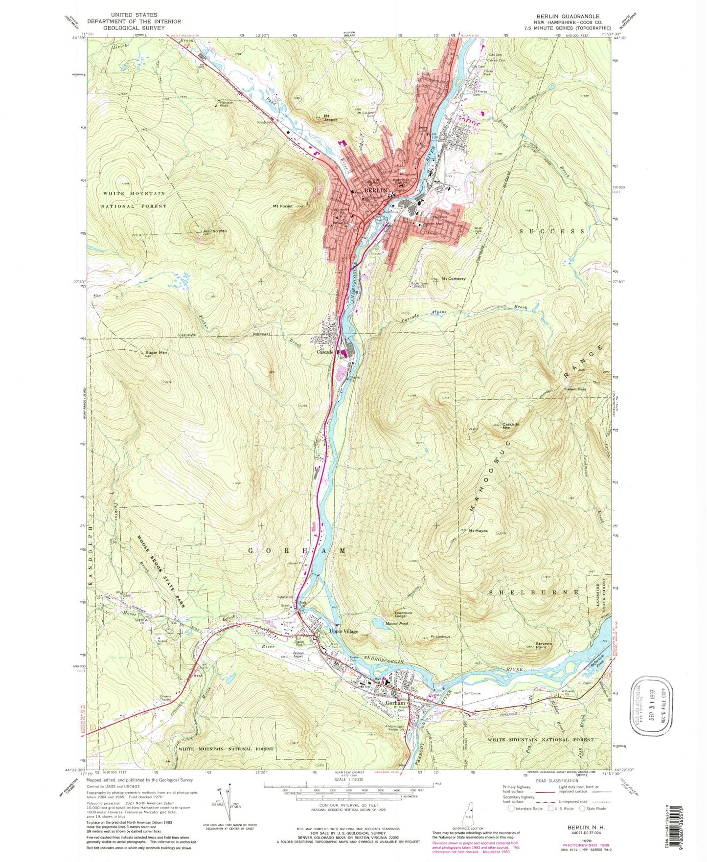 Classic USGS Berlin New Hampshire 7.5'x7.5' Topo Map Image