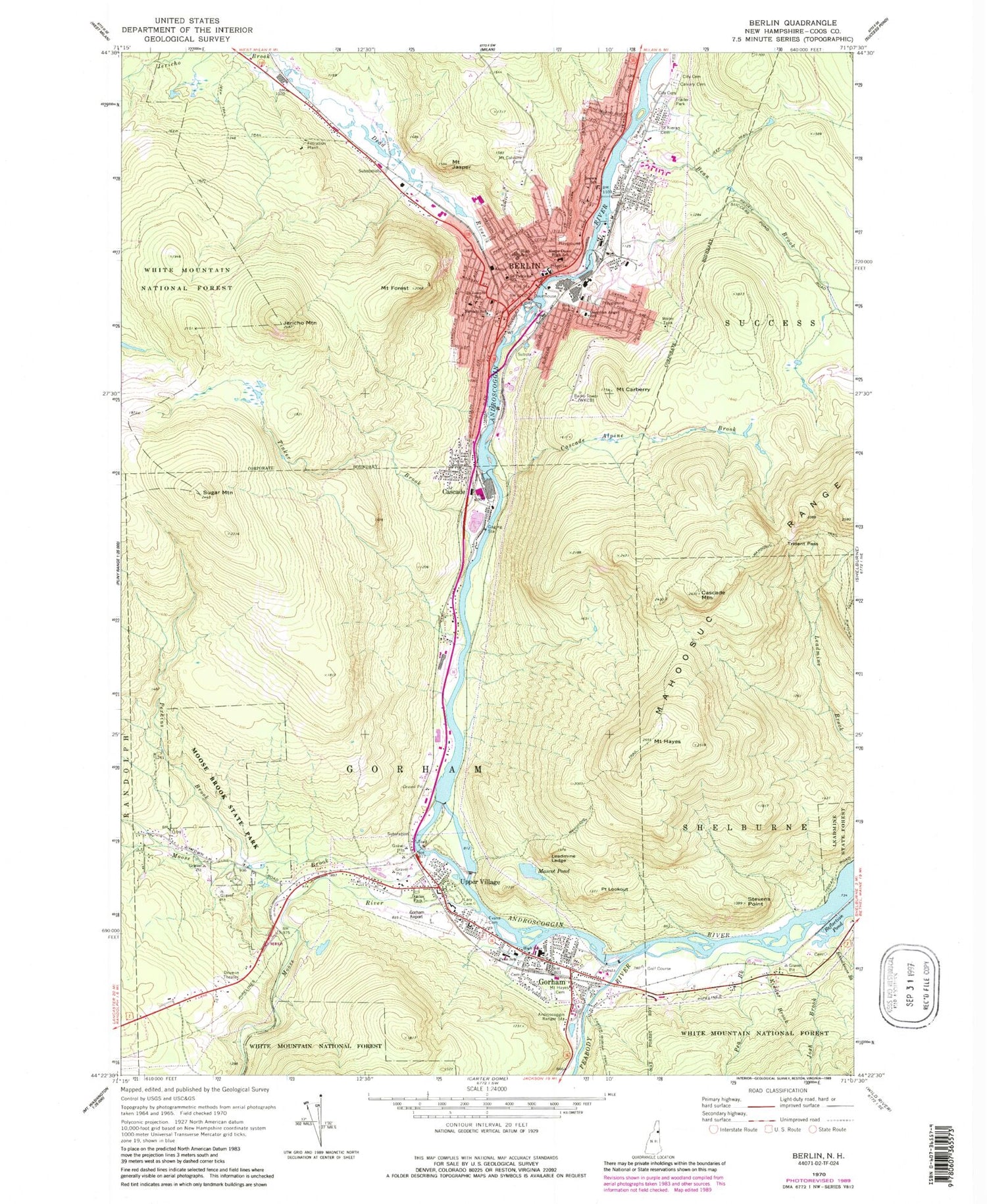 Classic USGS Berlin New Hampshire 7.5'x7.5' Topo Map Image