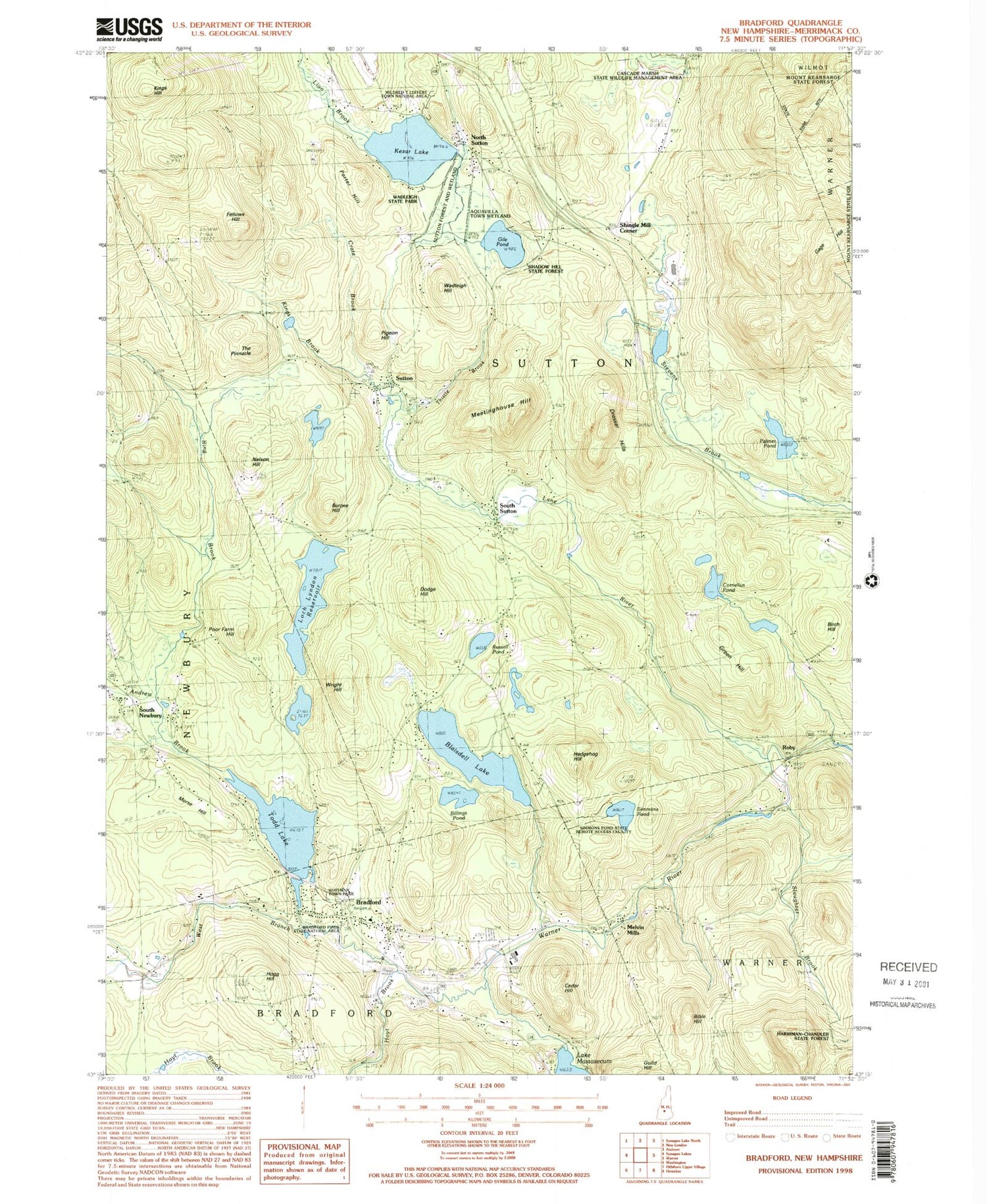 Classic USGS Bradford New Hampshire 7.5'x7.5' Topo Map Image