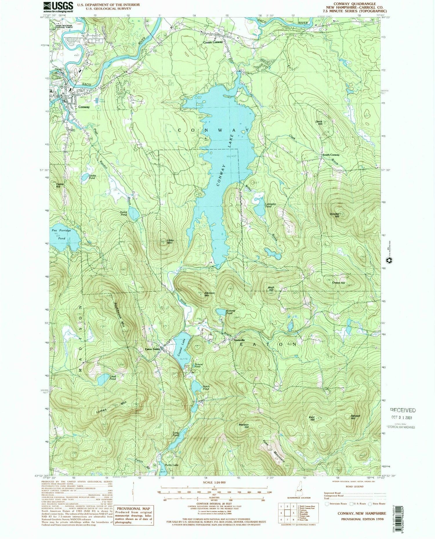 Classic USGS Conway New Hampshire 7.5'x7.5' Topo Map Image