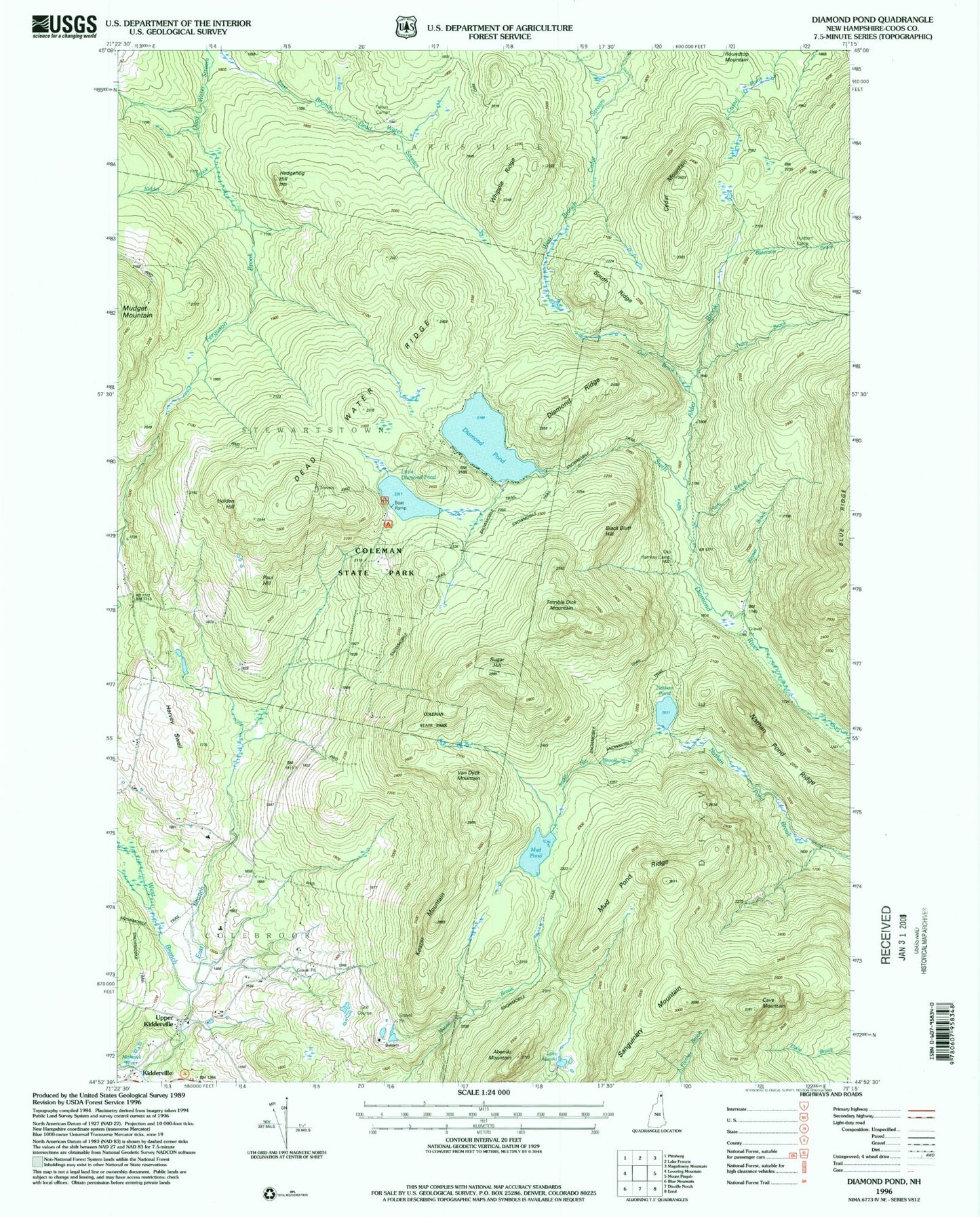 Classic USGS Diamond Pond New Hampshire 7.5'x7.5' Topo Map Image