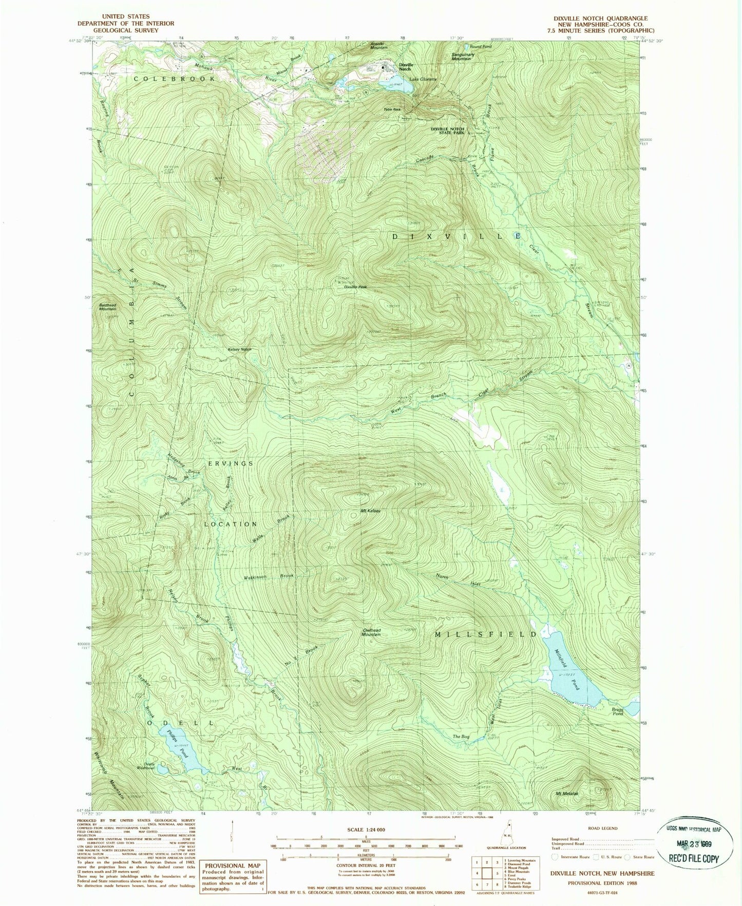 Classic USGS Dixville Notch New Hampshire 7.5'x7.5' Topo Map Image