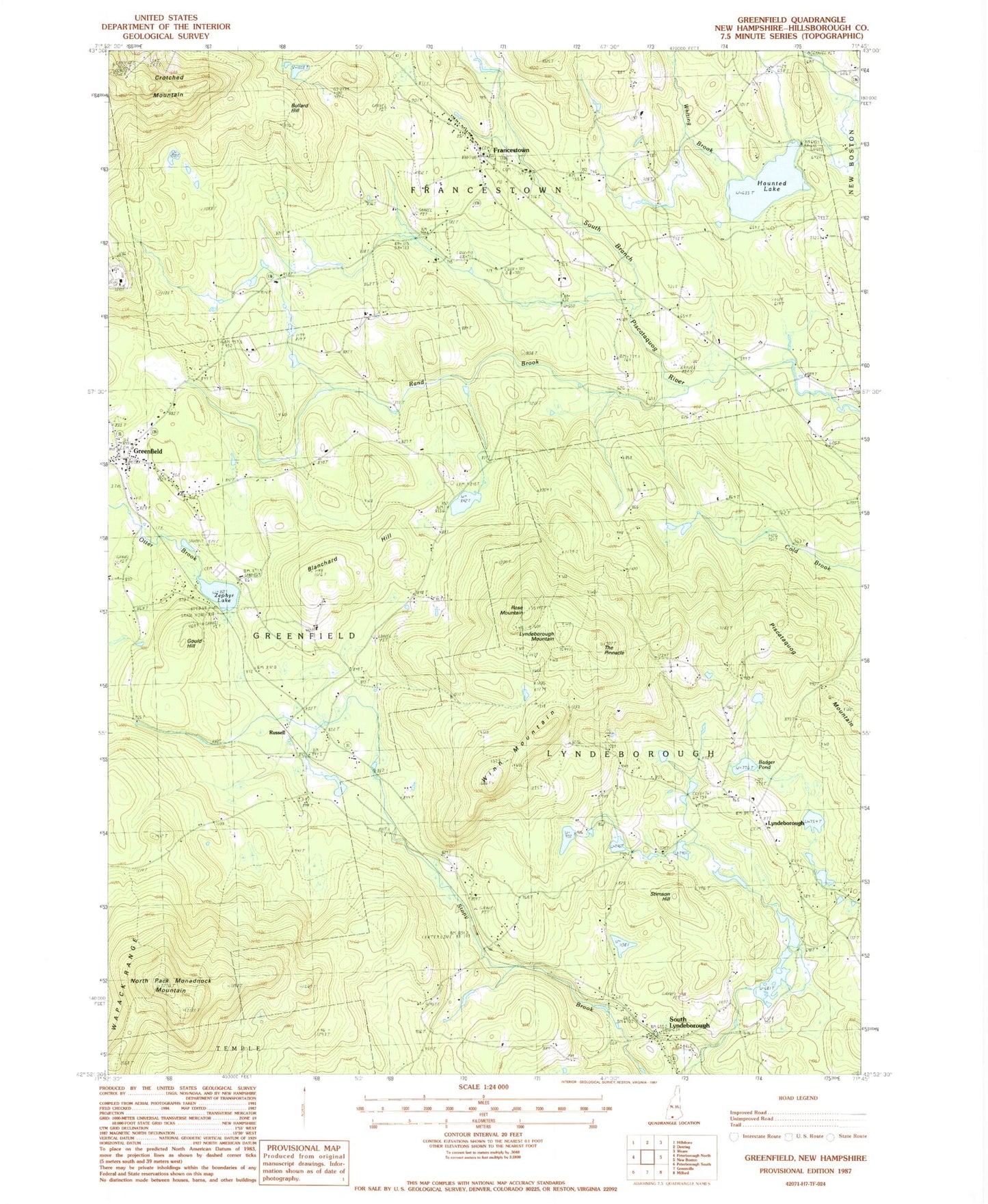 Classic USGS Greenfield New Hampshire 7.5'x7.5' Topo Map Image