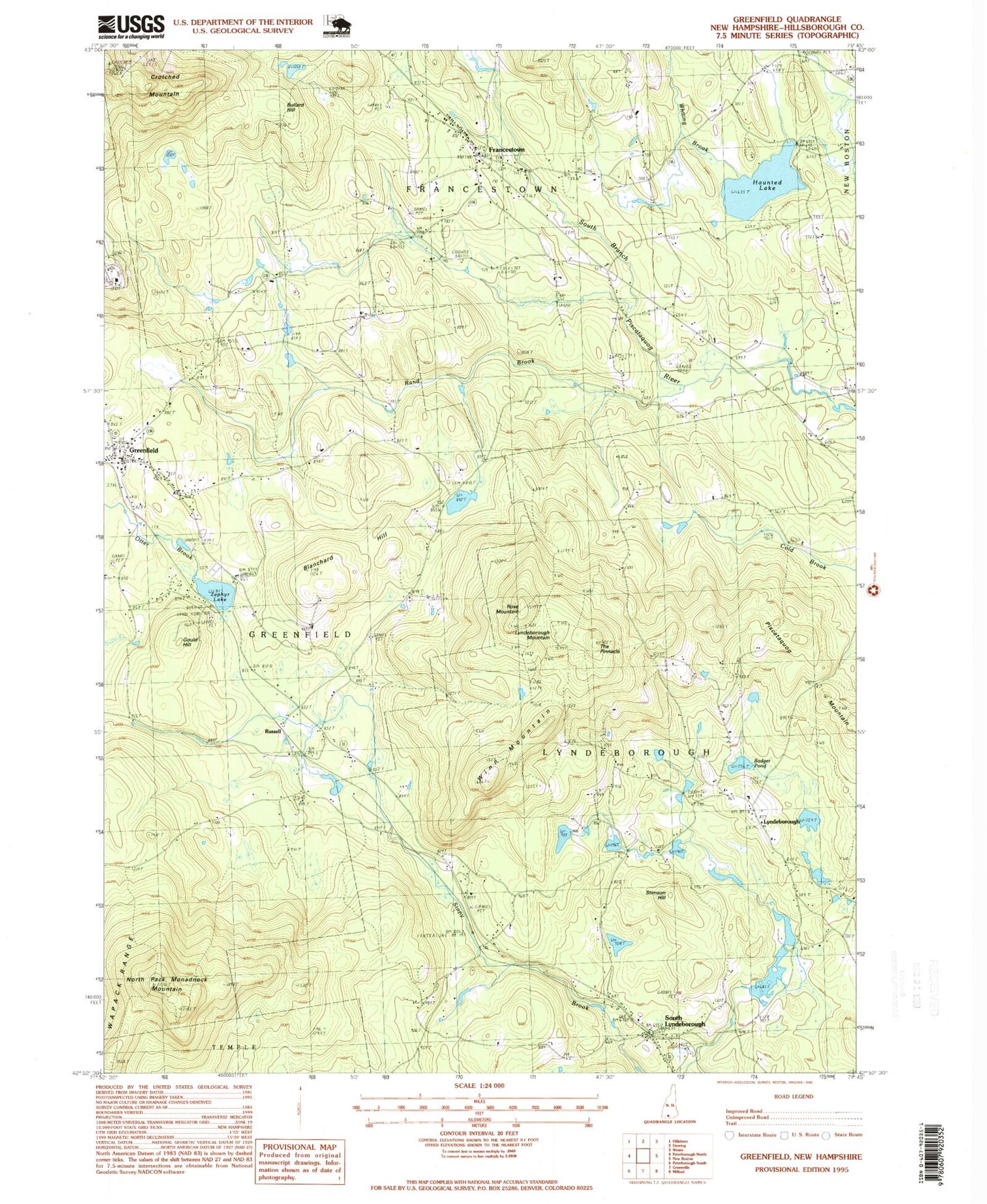 Classic USGS Greenfield New Hampshire 7.5'x7.5' Topo Map Image