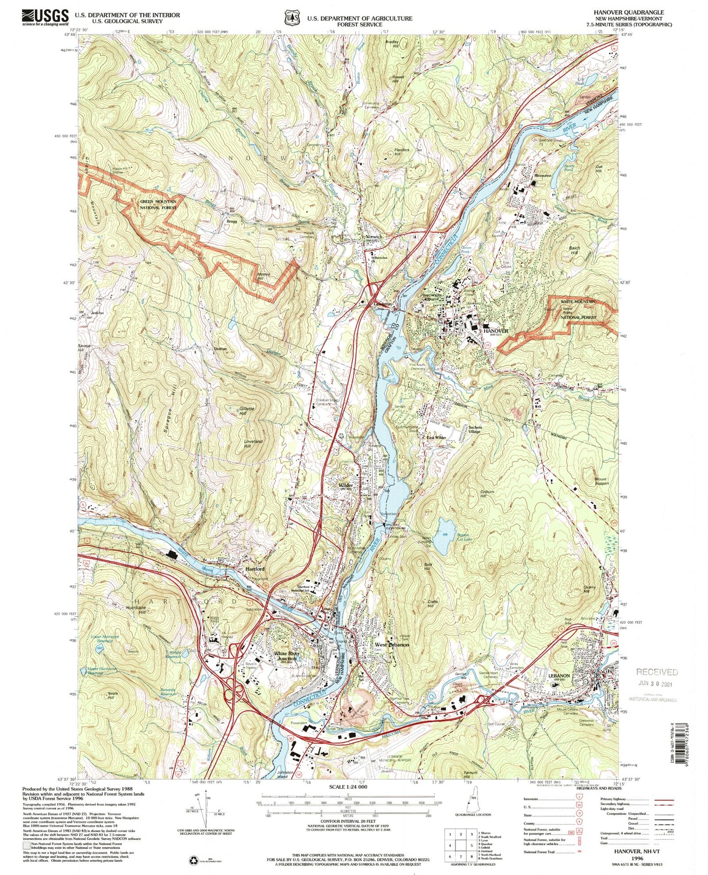 Classic USGS Hanover New Hampshire 7.5'x7.5' Topo Map Image