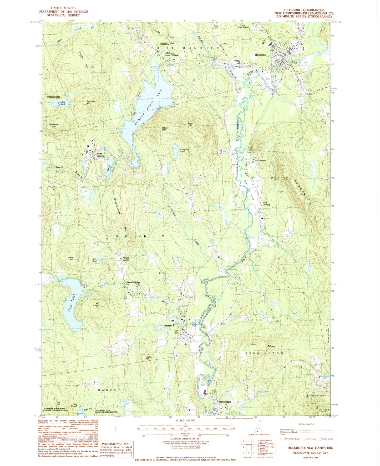 Classic USGS Hillsboro New Hampshire 7.5'x7.5' Topo Map Image