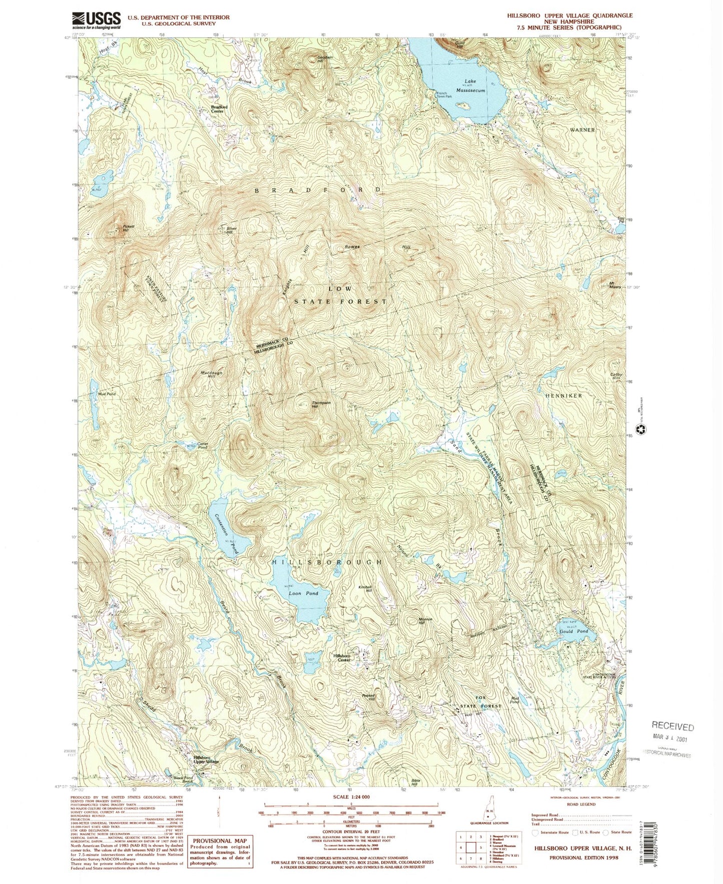 Classic USGS Hillsboro Upper Village New Hampshire 7.5'x7.5' Topo Map Image