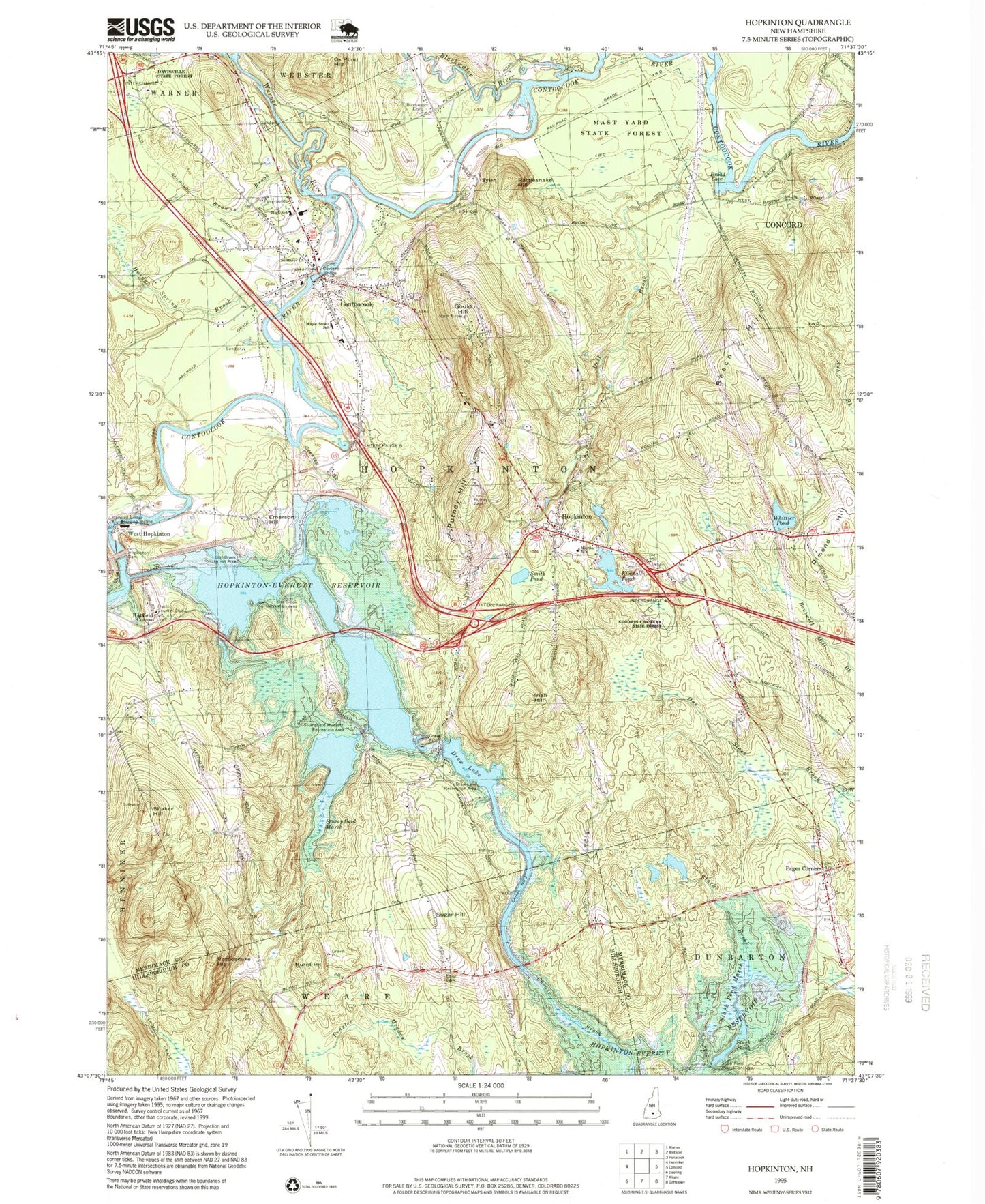 Classic USGS Hopkinton New Hampshire 7.5'x7.5' Topo Map Image